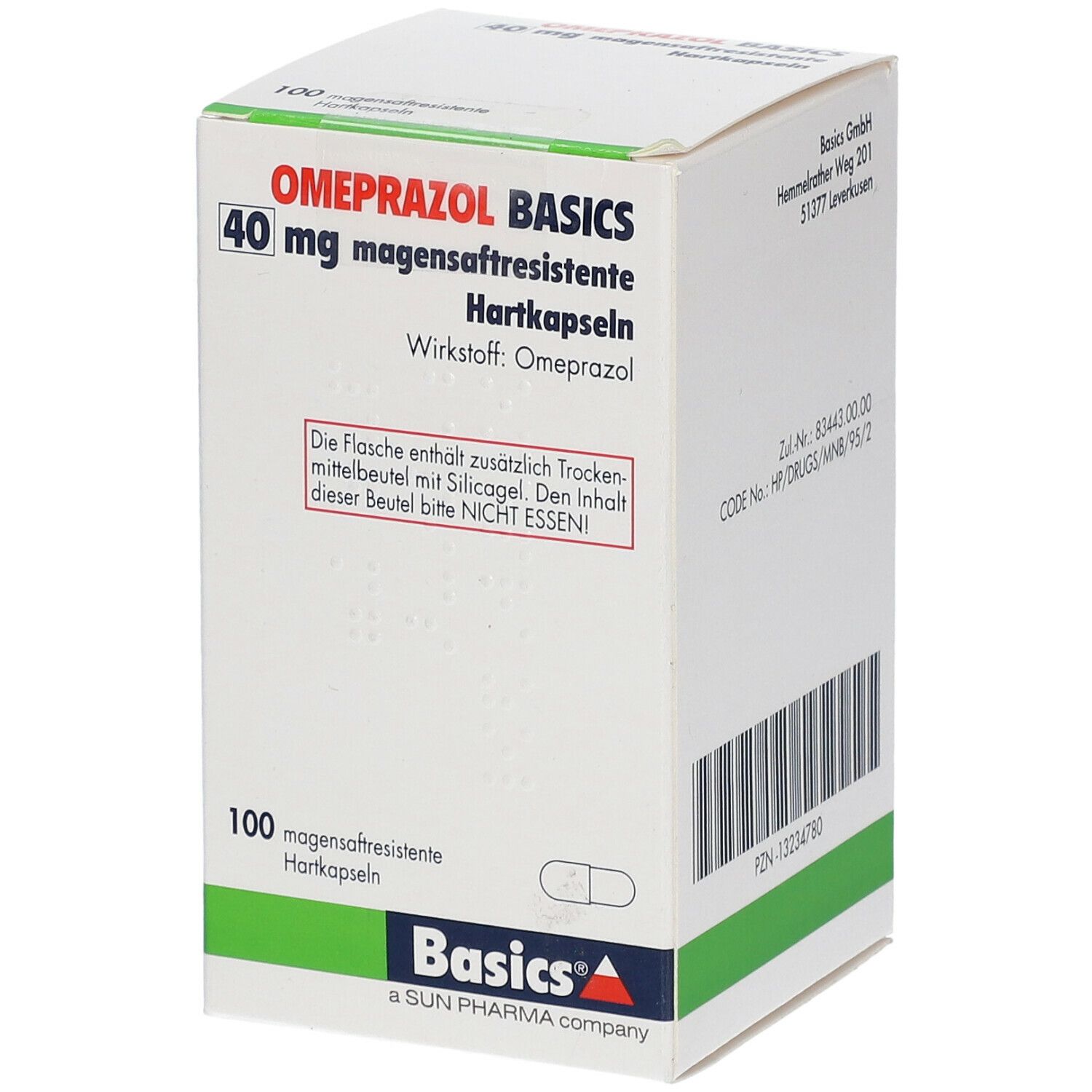 Schachtel mit OMEPRAZOL BASICS 40 mg magensaftresistente Hartkapseln. Aufschrift: 100 Hartkapseln. Grün-weiße Verpackung.