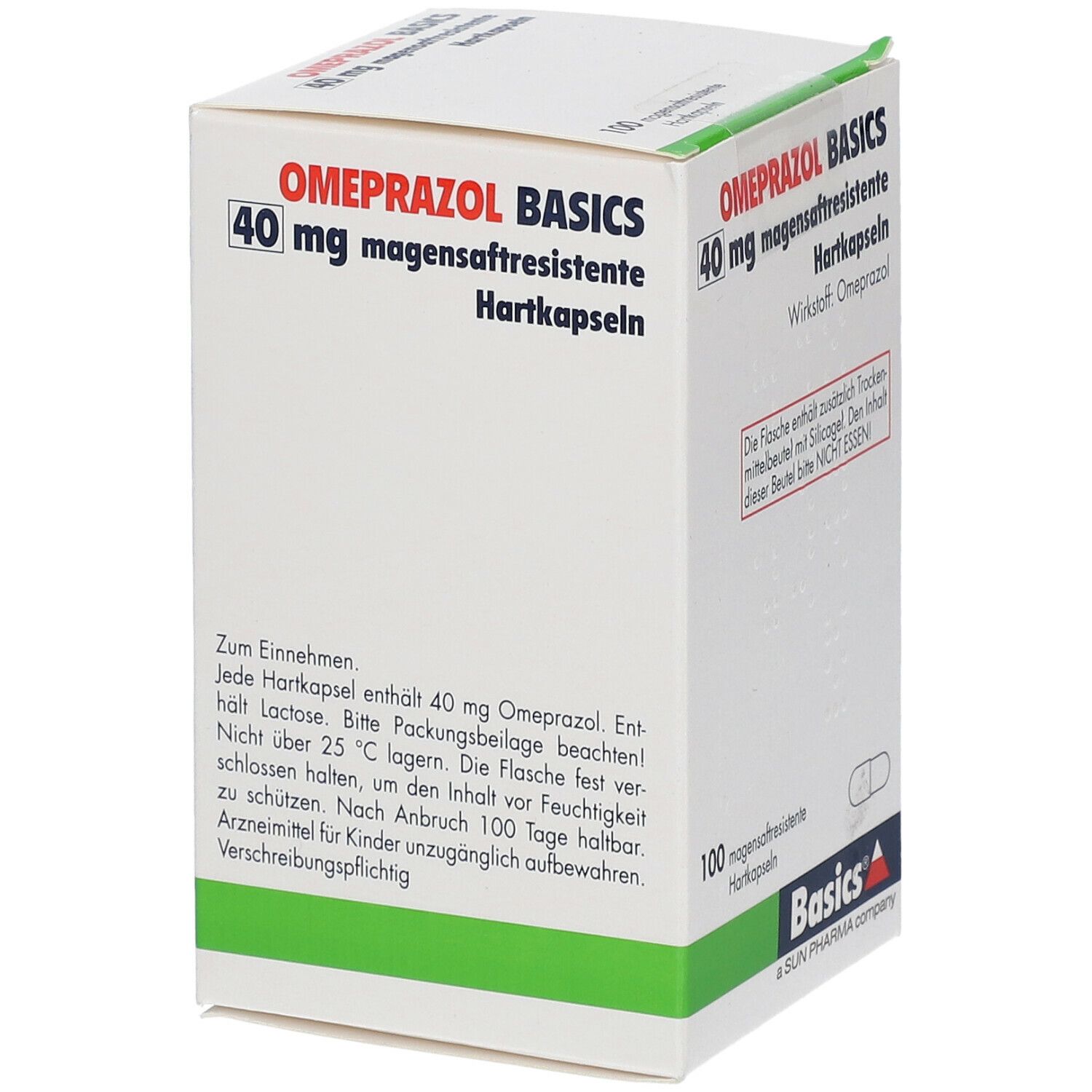 Schachtel OMEPRAZOL BASICS 40 mg magensaftresistente Hartkapseln. Text: 100 Hartkapseln. Grün-weiße Verpackung. Geöffnet.