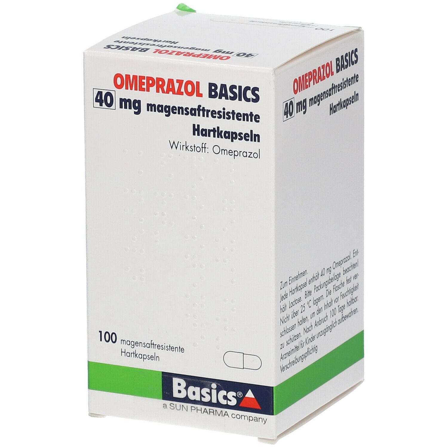 Schachtel OMEPRAZOL BASICS 40 mg magensaftresistente Hartkapseln. Text: 100 Hartkapseln. Grün-weiße Verpackung. Geöffnet.