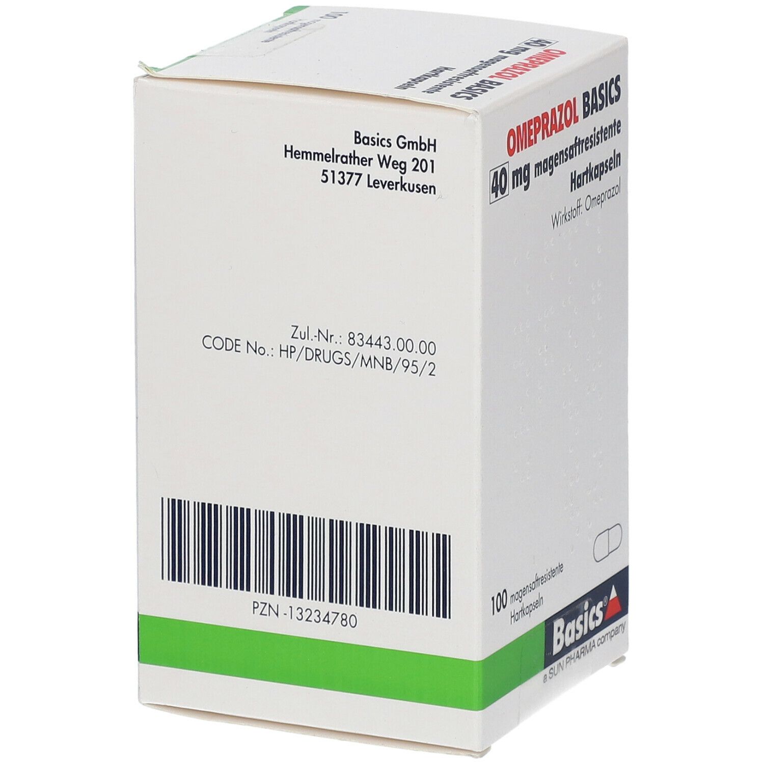 Schachtel OMEPRAZOL BASICS 40 mg magensaftresistente Hartkapseln. Rückseite mit Adress- und Barcode-Informationen. Grün-weiß.