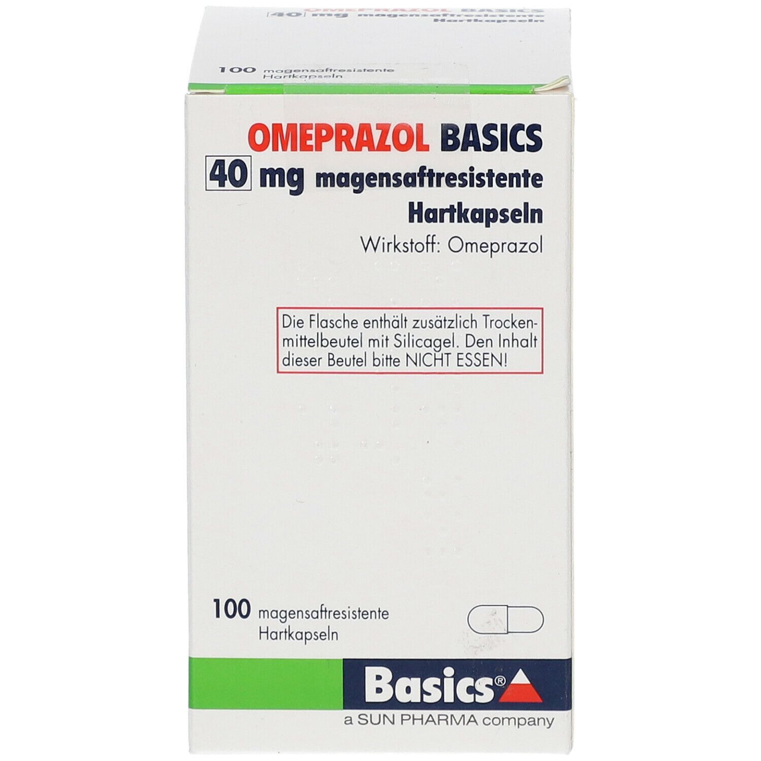 Schachtel OMEPRAZOL BASICS 40 mg magensaftresistente Hartkapseln. Aufschrift: 100 Hartkapseln. Grün-weiße Verpackung.