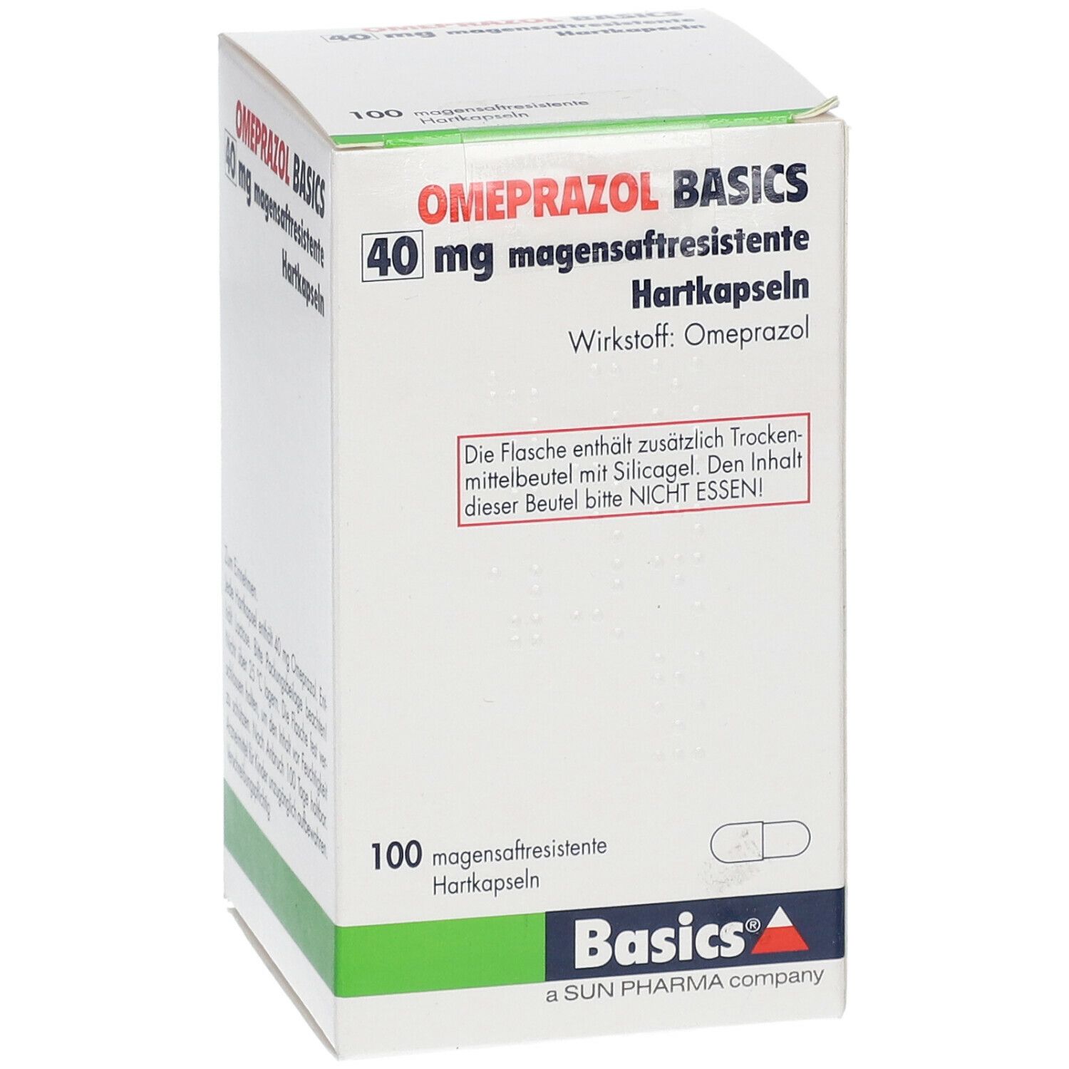Schachtel OMEPRAZOL BASICS 40 mg magensaftresistente Hartkapseln. Aufschrift: 100 Hartkapseln. Grün-weiße Verpackung.