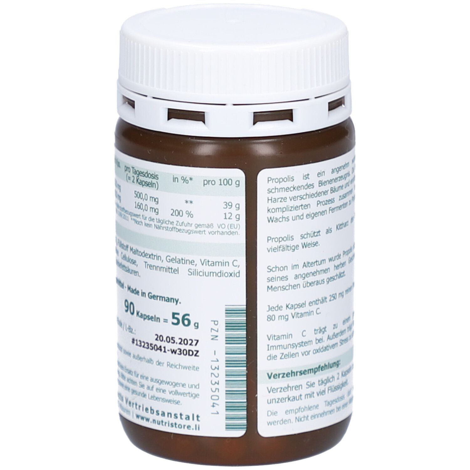 Rückseite der braunen Dose mit weißen Deckel. Textinformationen, Inhaltsstoffe, Nährwertangaben, Herstellerinformationen.