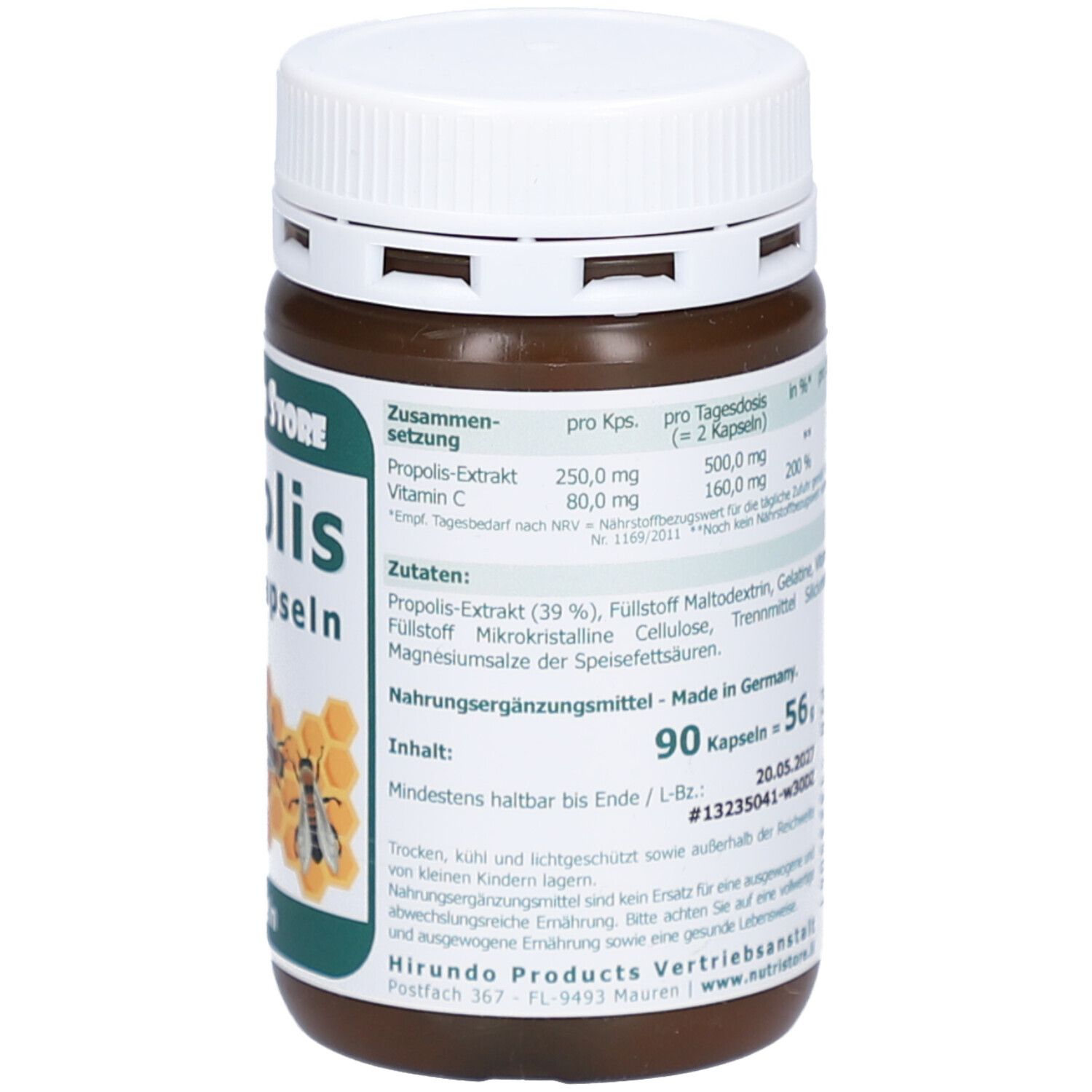 Rückseite der braunen Dose mit weißen Deckel. Textinformationen, Inhaltsstoffe, Nährwertangaben, Herstellerinformationen.