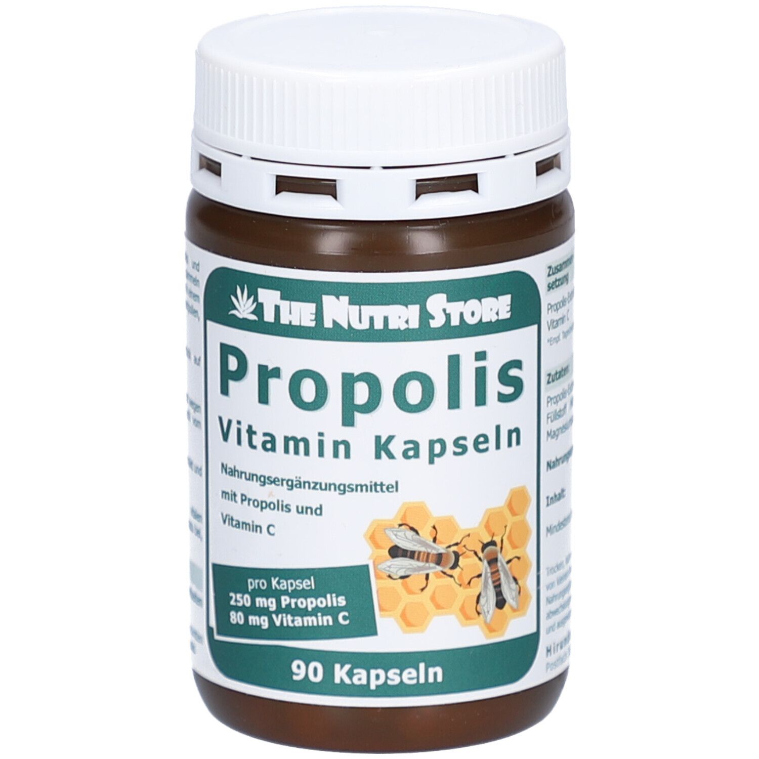 Braune Dose mit weißen Deckel. Aufschrift: Propolis Vitamin Kapseln. 90 Kapseln. Abbildung von Bienen und Waben.