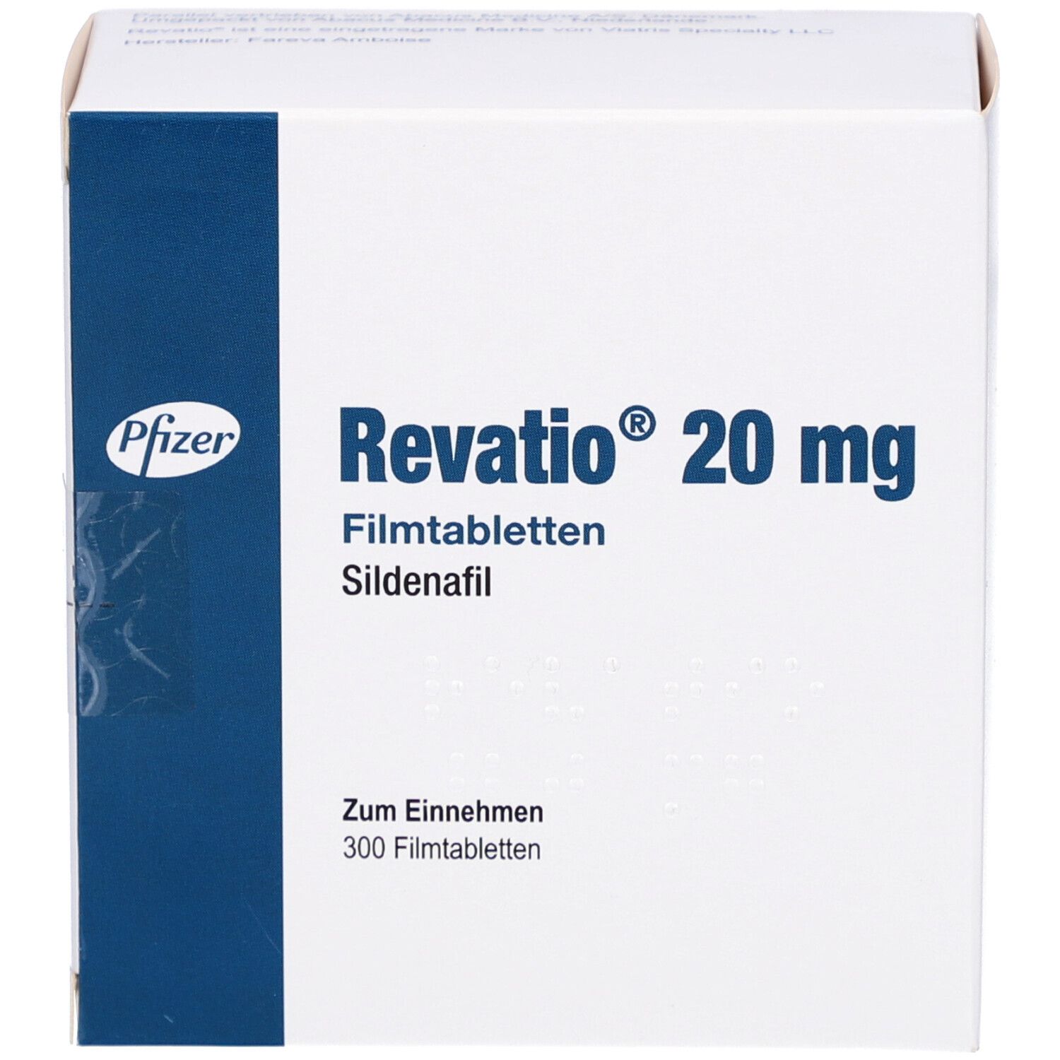 Weiße Schachtel mit blauer Ecke. Aufschrift: Revatio 20 mg Filmtabletten, Sildenafil. Pfizer-Logo. Zum Einnehmen, 300 Filmtabletten.