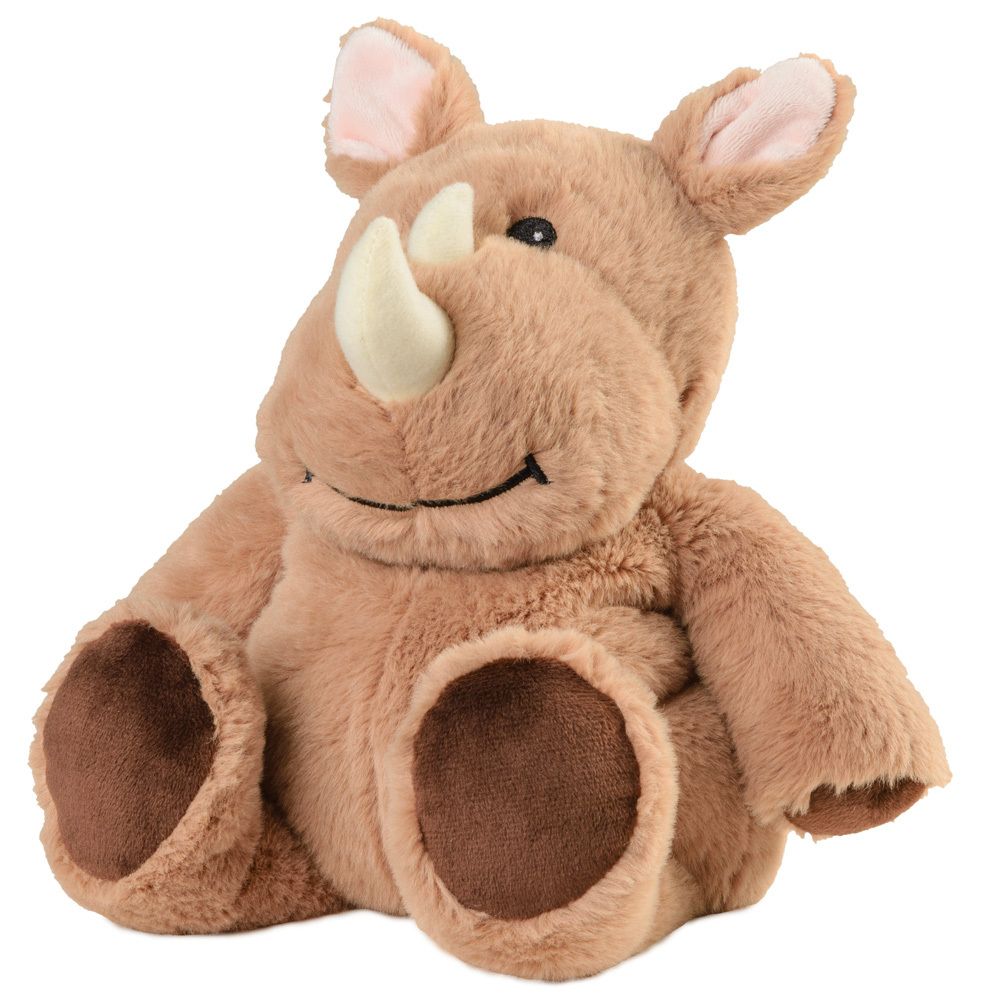 Ein braunes Nashorn-Plüschtier mit Ohren, einem Horn und braunen Füßen. Es sitzt aufrecht und lächelt.