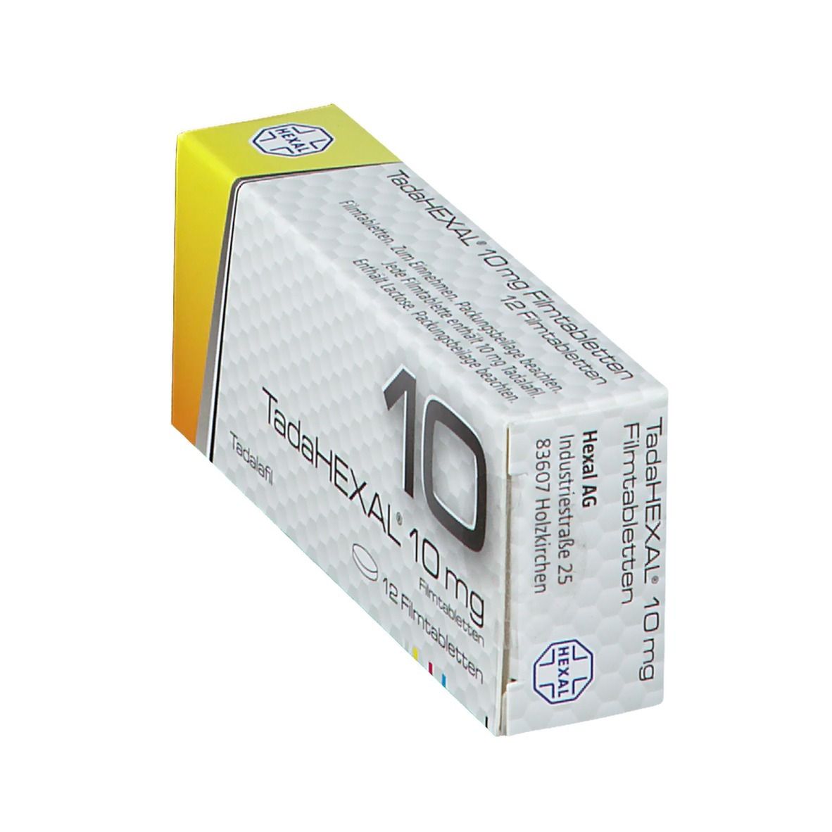 TadaHEXAL 10 mg Filmtabletten-Packung. Weiß-gelbe Schachtel mit Produktnamen, Dosierung und 12 Filmtabletten. Hexal-Logo.