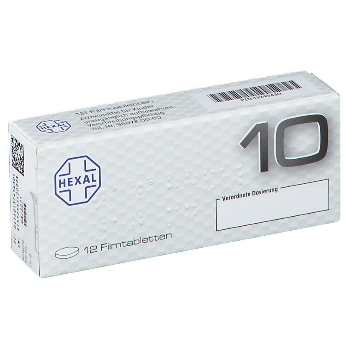 TadaHEXAL-Packung. Weiße Schachtel mit '10' in Groß. Enthält 12 Filmtabletten. Hexal-Logo. Text: 'Verordnete Dosierung'.