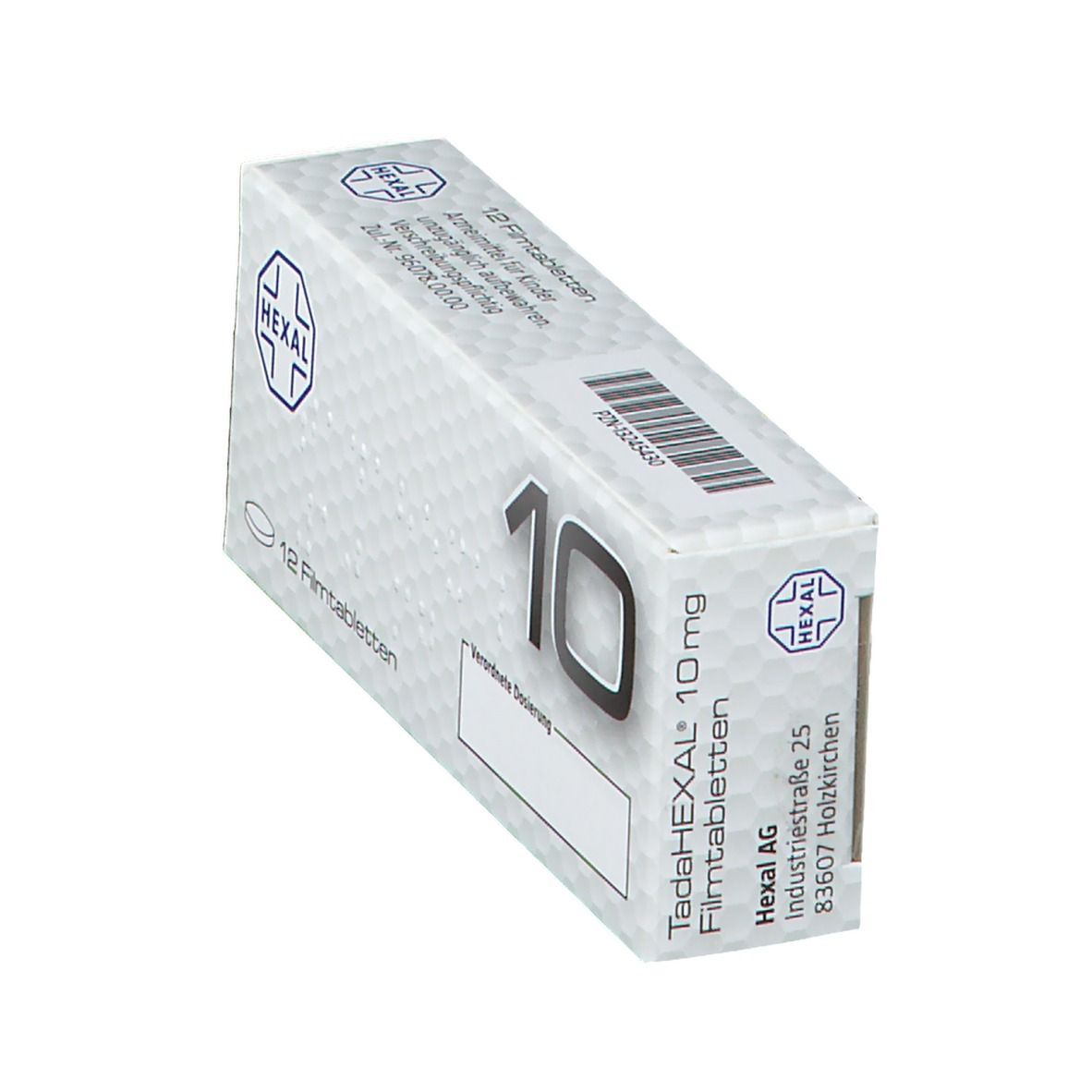 TadaHEXAL 10 mg Filmtabletten-Packung. Weiße Schachtel mit Produktnamen, Dosierung und 12 Filmtabletten. Hexal-Logo.