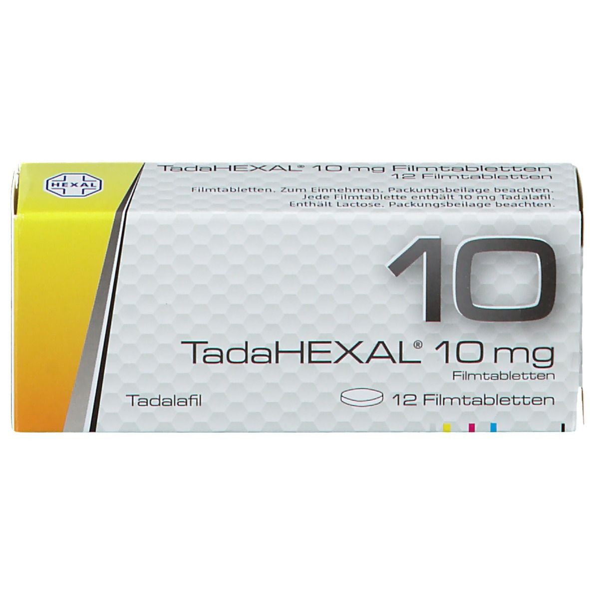 TadaHEXAL 10 mg Filmtabletten-Packung. Weiße Schachtel mit Produktnamen, Dosierung und 12 Filmtabletten. Hexal-Logo.