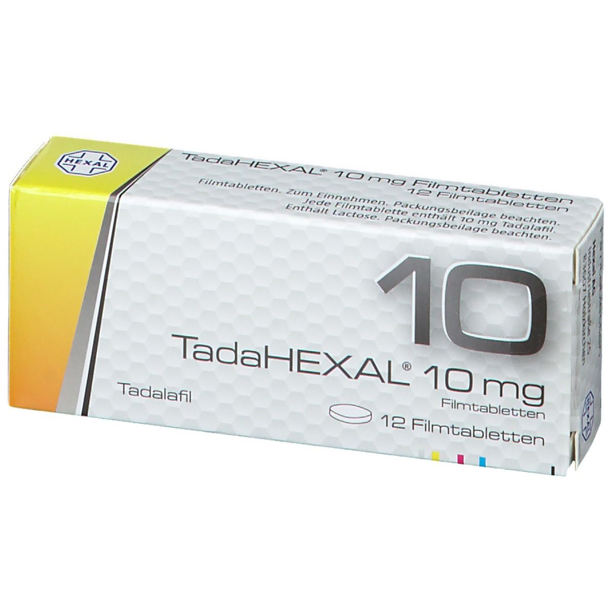 TadaHEXAL 10 mg Filmtabletten-Packung. Weiße Schachtel mit Produktnamen, Dosierung und 12 Filmtabletten. Hexal-Logo.