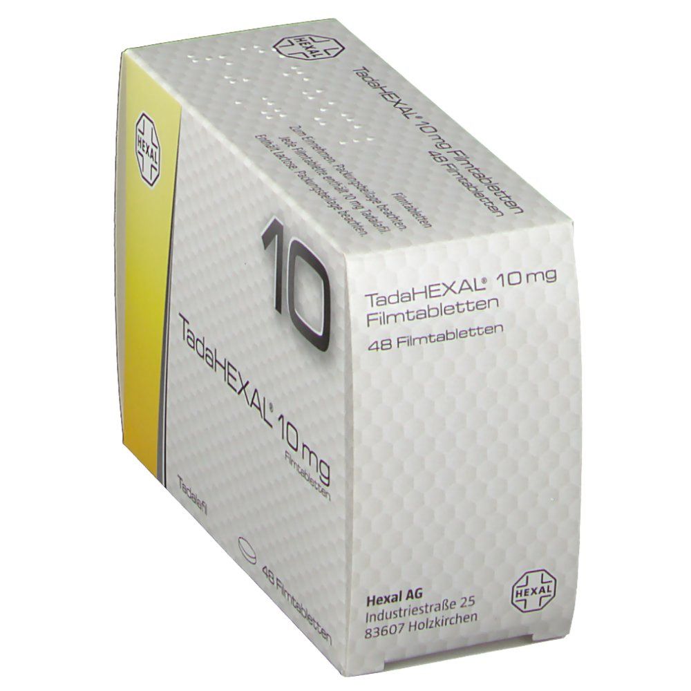 Schachtel TadaHEXAL 10 mg Filmtabletten. Aufdruck: 10, HEXAL-Logo, 48 Filmtabletten. Gelber Akzent.