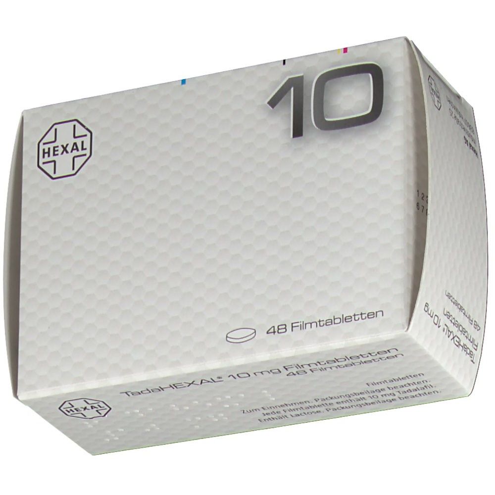 Schachtel TadaHEXAL 10 mg Filmtabletten. Aufdruck: 10, HEXAL-Logo, 48 Filmtabletten. Perspektivische Ansicht.