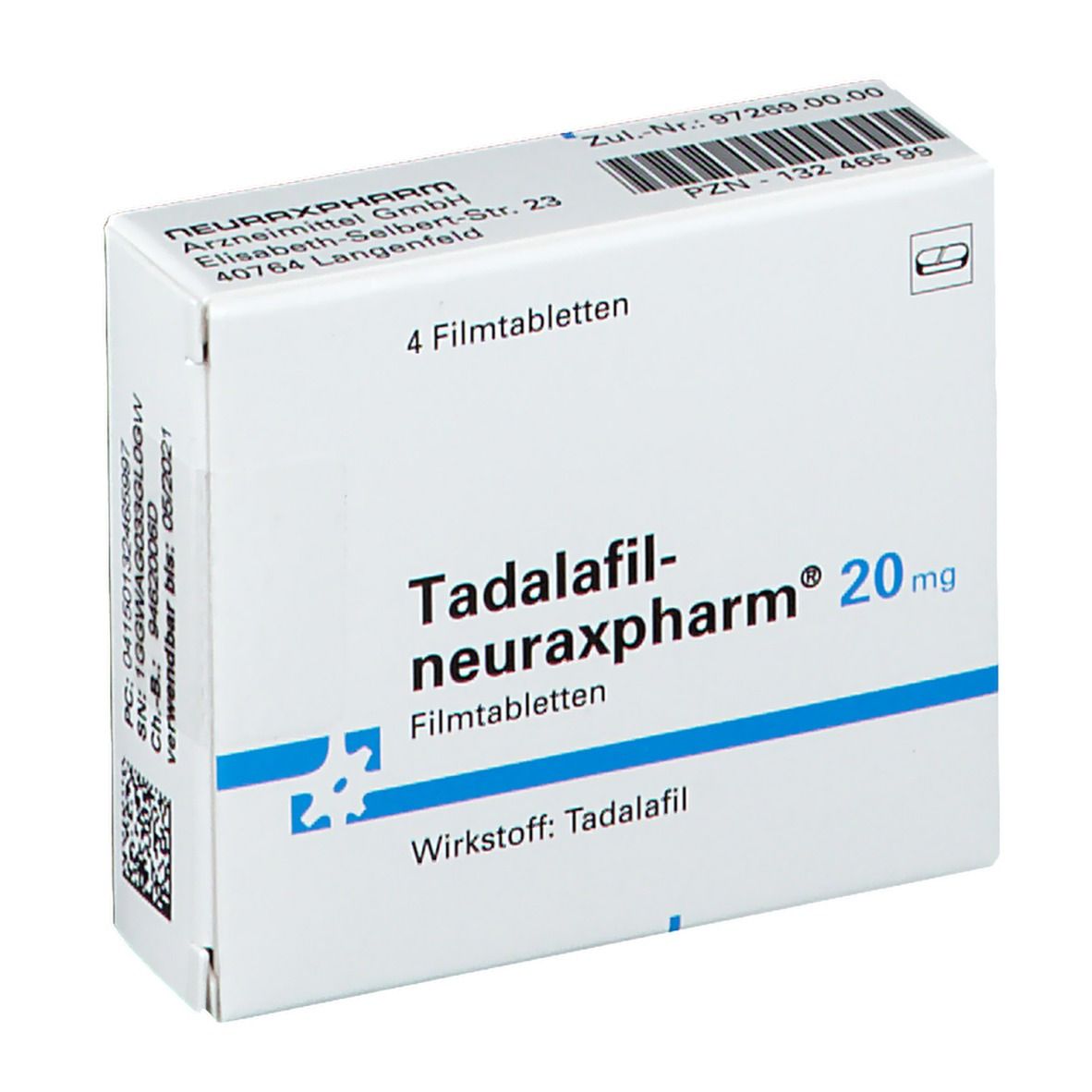 Schachtel mit Tadalafil-neuraxpharm® 20 mg Filmtabletten. Enthält 4 Tabletten. Weiße Verpackung mit blauer Schrift.