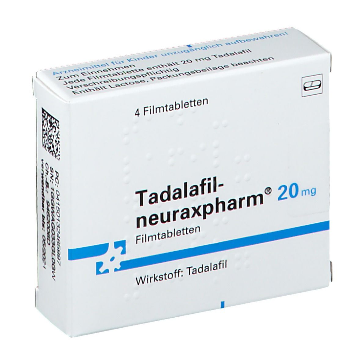 Tadalafil-neuraxpharm® 20 mg Packung mit 4 Filmtabletten. Weiße Schachtel mit blauer Schrift. Zusätzliche Informationen auf der Verpackung.