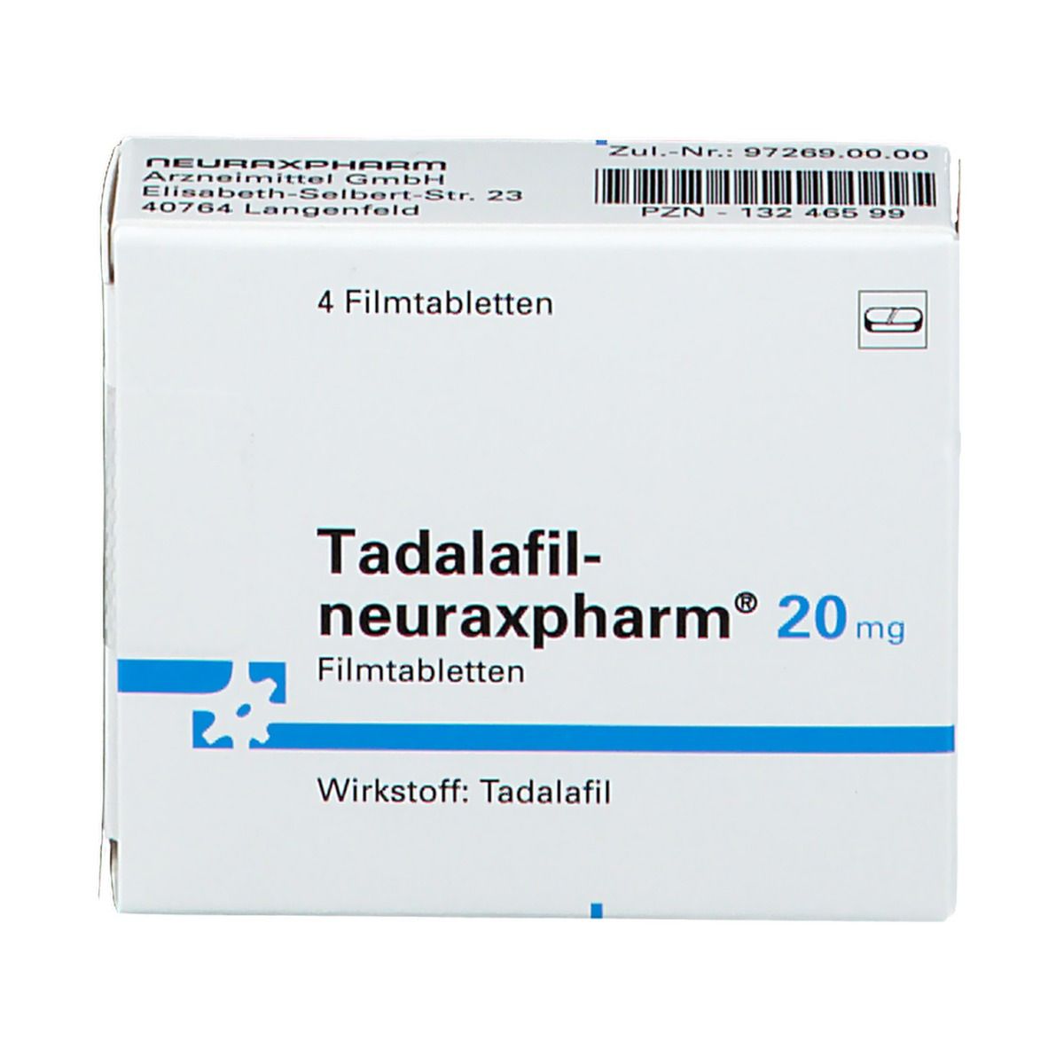 Tadalafil-neuraxpharm® 20 mg Packung mit 4 Filmtabletten. Weiße Schachtel mit blauer Schrift. Produktinformationen.