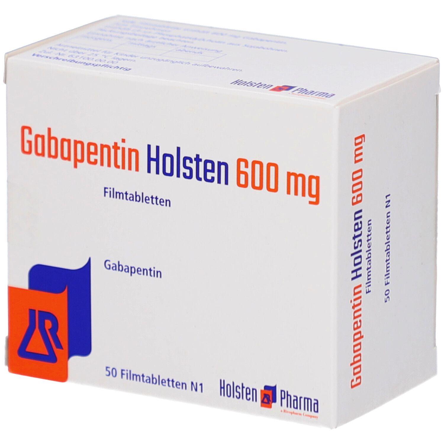 Schachtel mit Gabapentin Holsten 600 mg Filmtabletten. Aufschrift: 50 Filmtabletten N1. Logo Holsten Pharma.