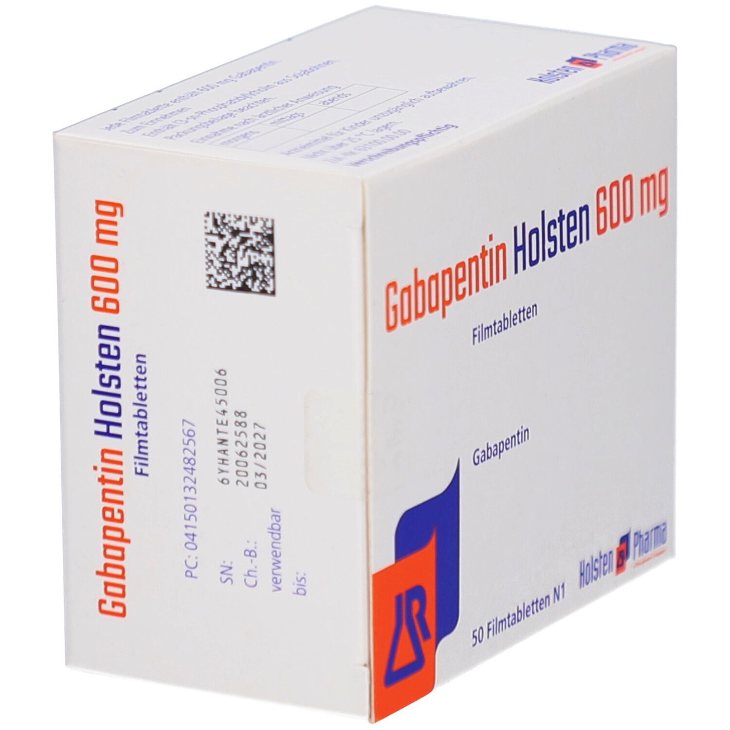 Schachtel Gabapentin Holsten 600 mg Filmtabletten. Aufdruck mit Chargennummer, Verfallsdatum. Logo Holsten Pharma.