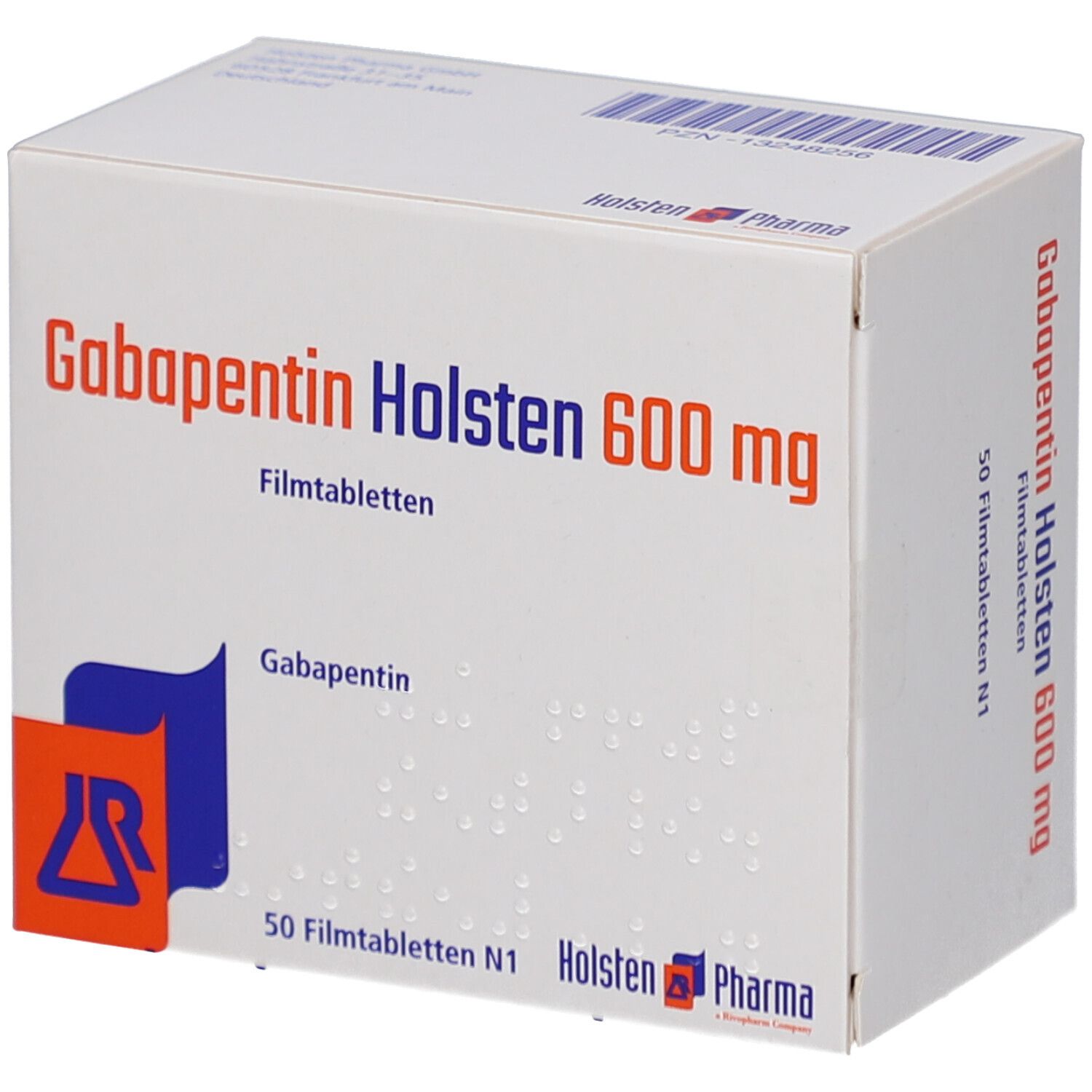 Schachtel mit Gabapentin Holsten 600 mg Filmtabletten. Aufschrift: 50 Filmtabletten N1. Logo Holsten Pharma.