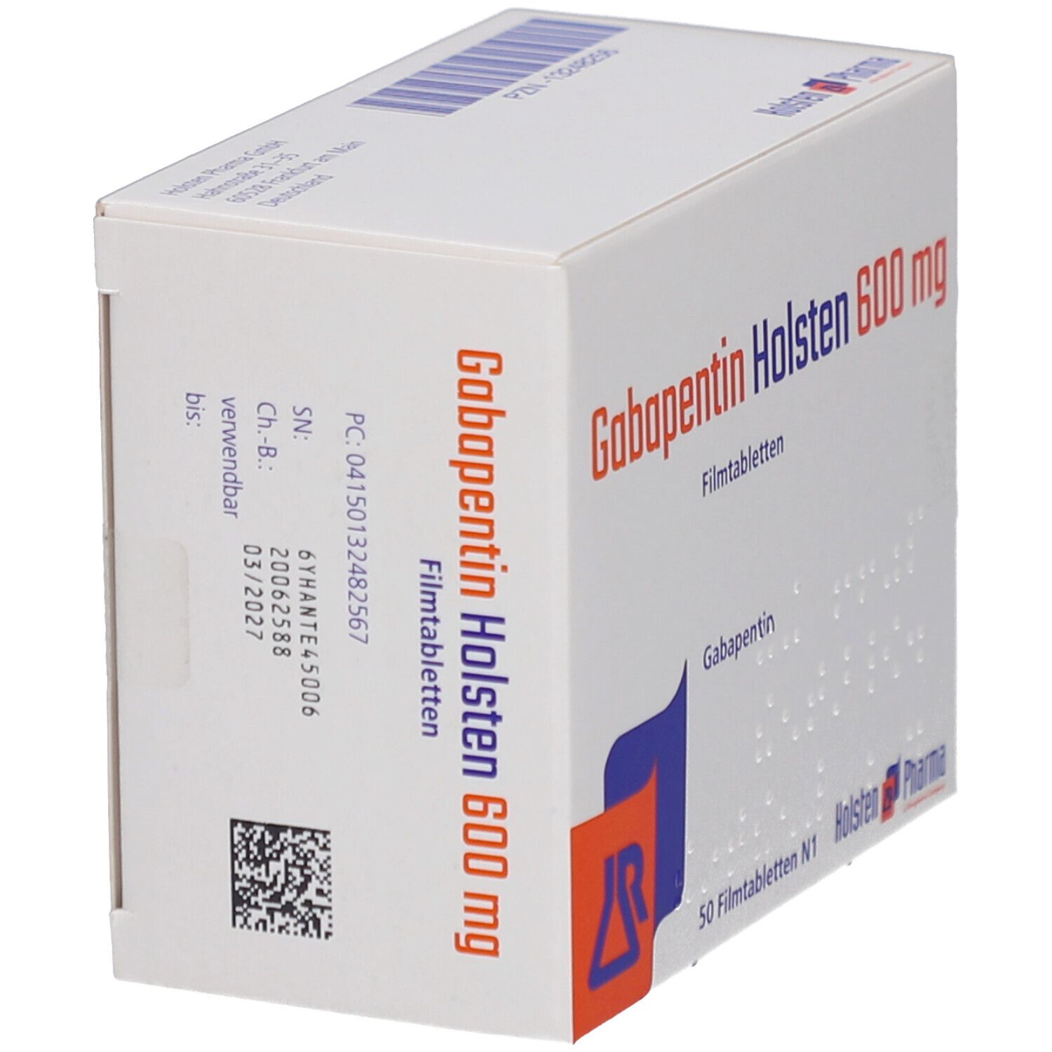 Schachtel Gabapentin Holsten 600 mg Filmtabletten. Aufdruck mit Chargennummer, Verfallsdatum. Logo Holsten Pharma.