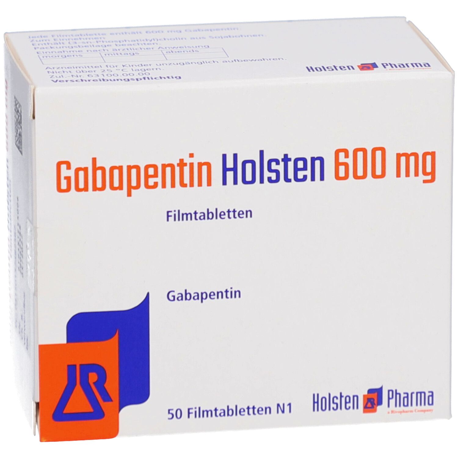 Schachtel mit Gabapentin Holsten 600 mg Filmtabletten. Aufschrift: 50 Filmtabletten N1. Logo Holsten Pharma.