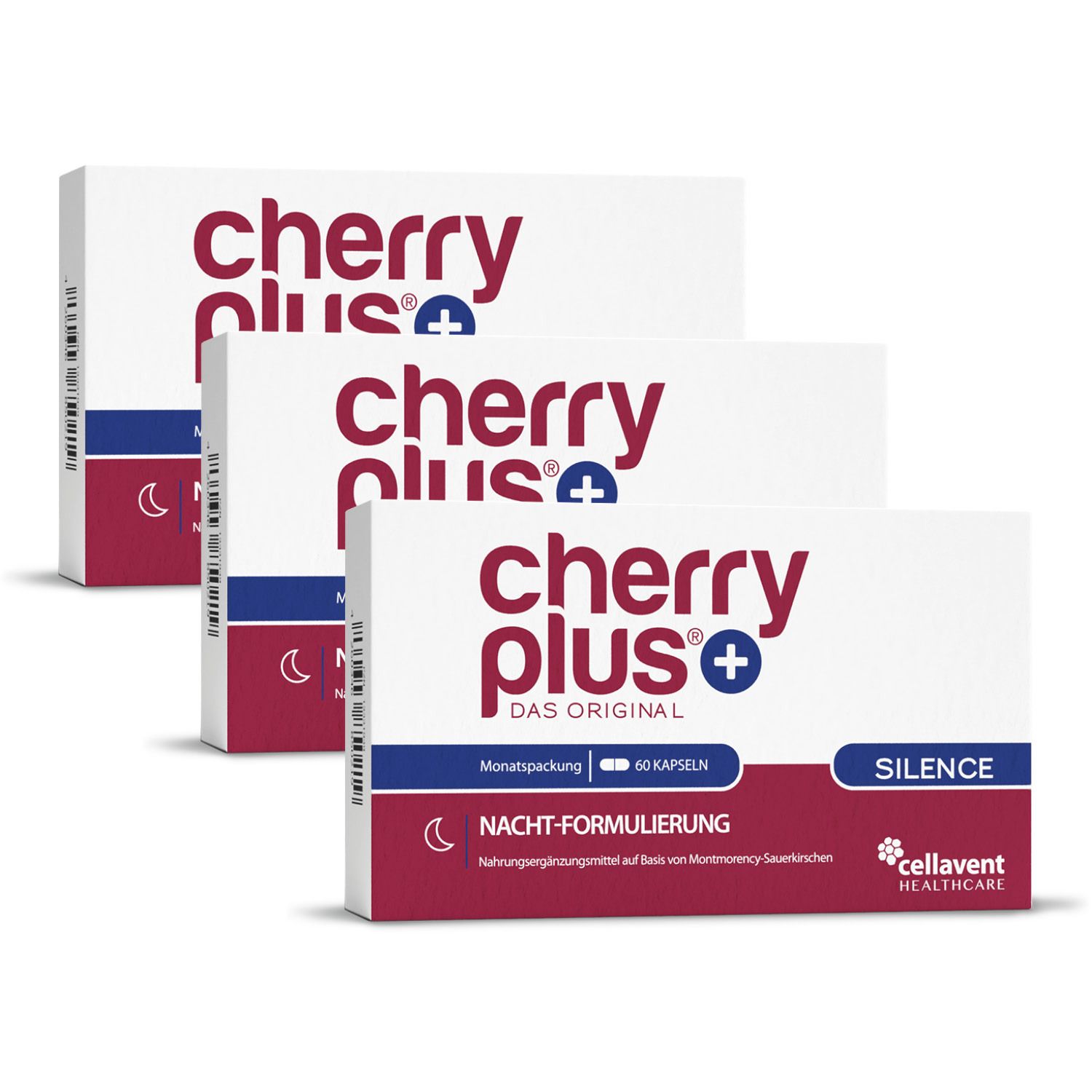 Drei Schachteln cherry plus®+ Silence. Weiße Verpackung mit roter und blauer Schrift. Aufdruck: cherry plus®, Silence, 60 Kapseln.