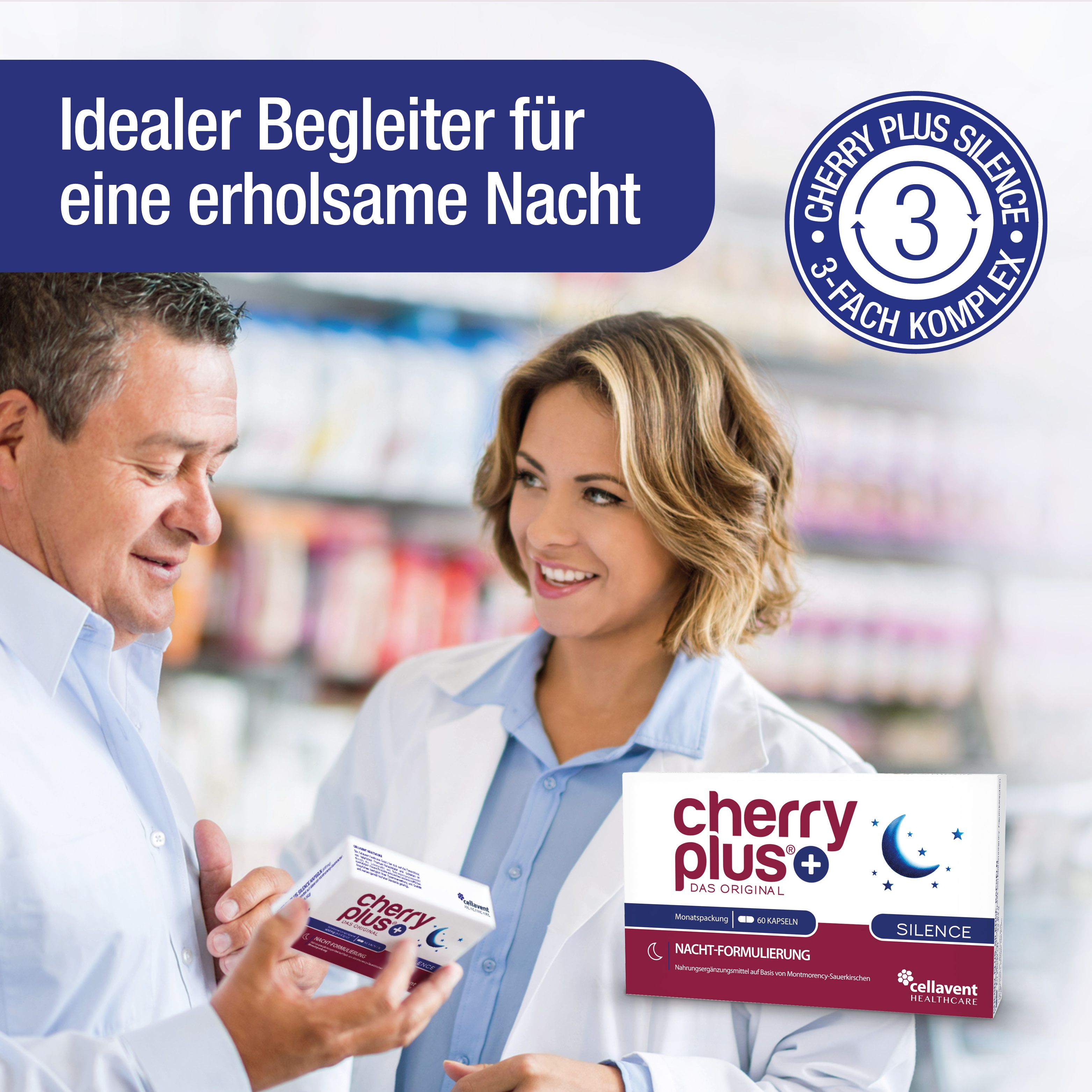 Mann und Frau in Apotheke. Frau hält cherry plus®+ Silence. Auf der Verpackung: cherry plus®, Silence, 60 Kapseln. 3-fach Komplex.