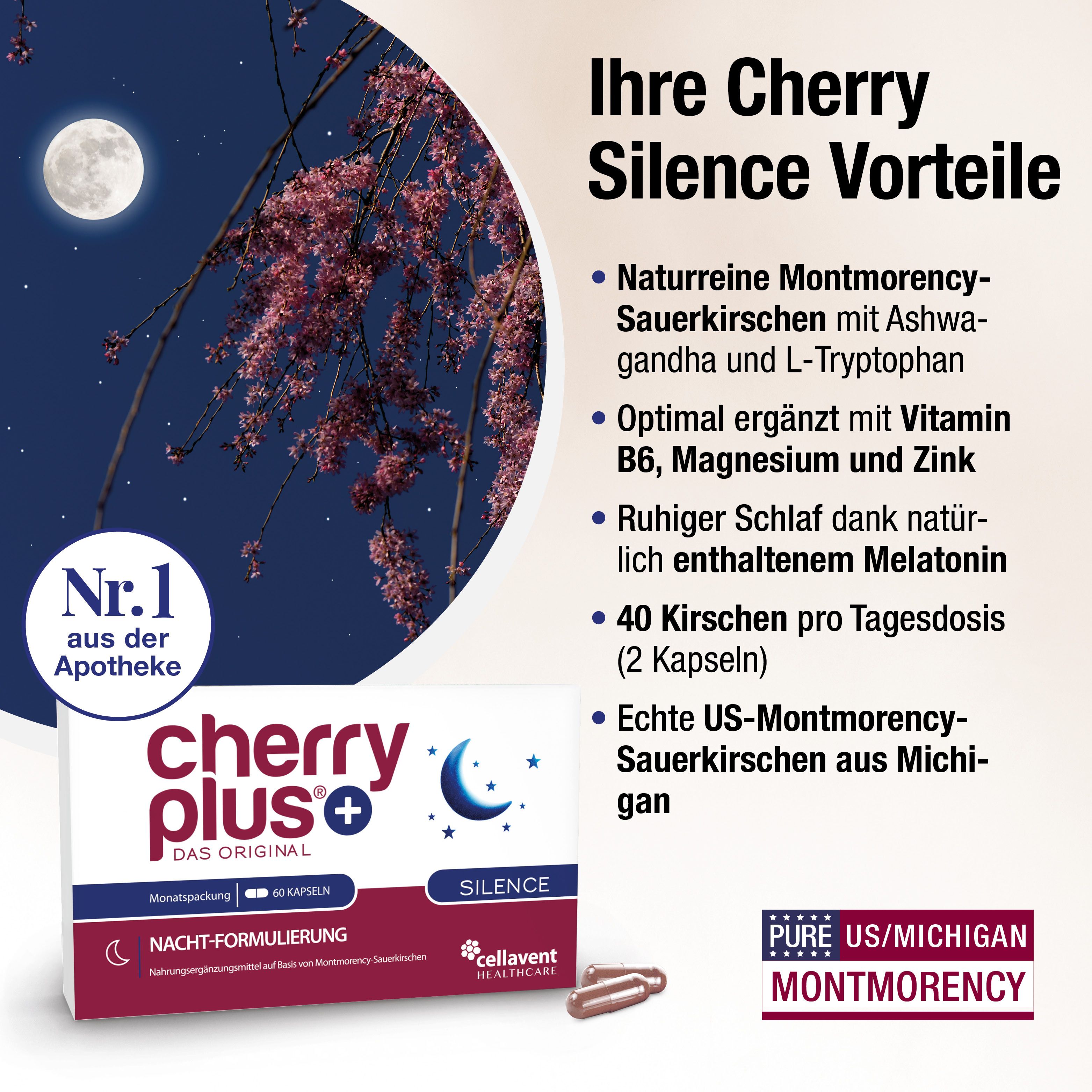 cherry plus®+ Silence Packung. Aufdruck: cherry plus®, Silence, 60 Kapseln. Nacht-Formulierung. US-Montmorency-Kirschen. Mond und Kirschblüten.