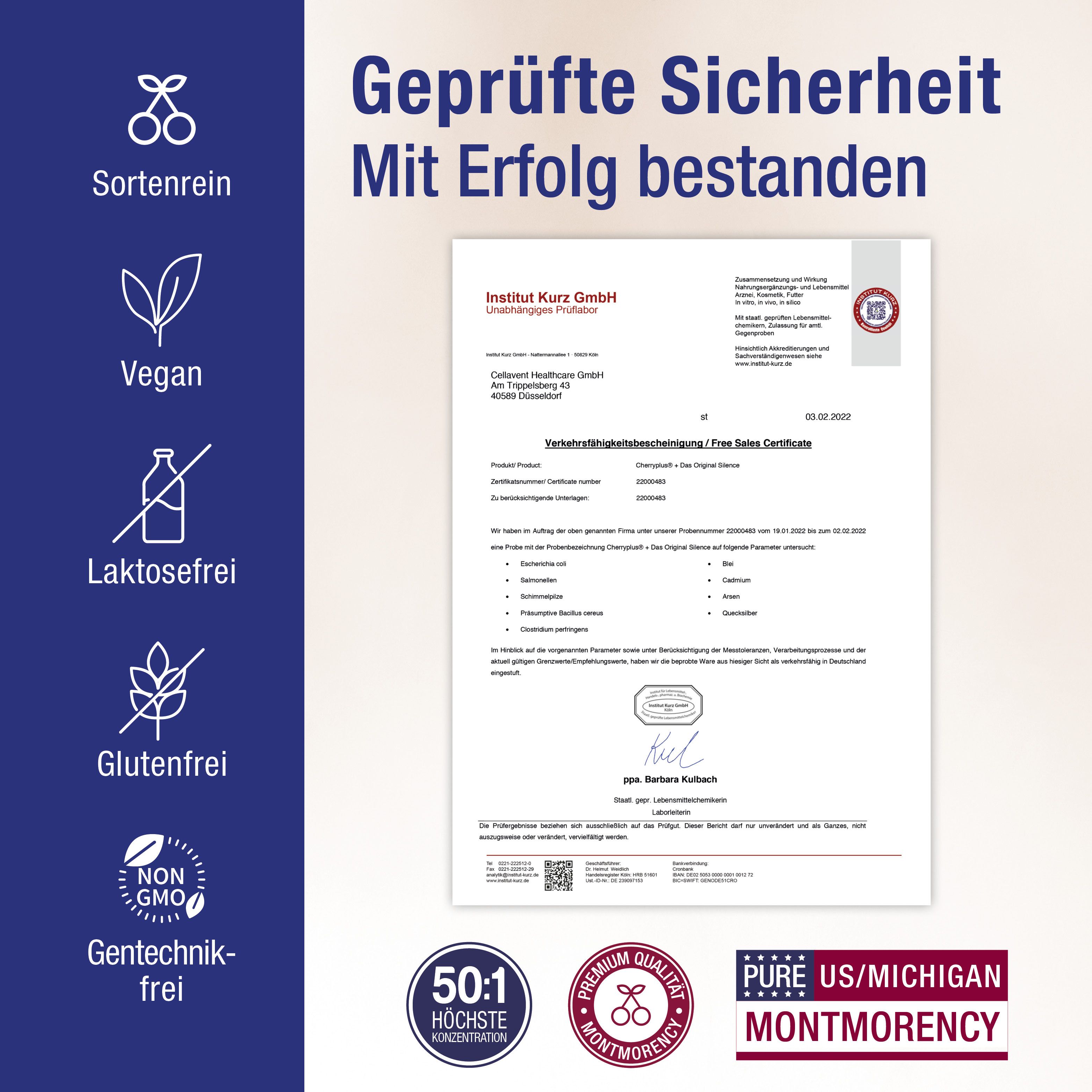 Zertifikate und Siegel. Vegan, laktosefrei, glutenfrei, gentechnikfrei. 50:1 Konzentration. Reine US/Michigan Montmorency Kirschen.
