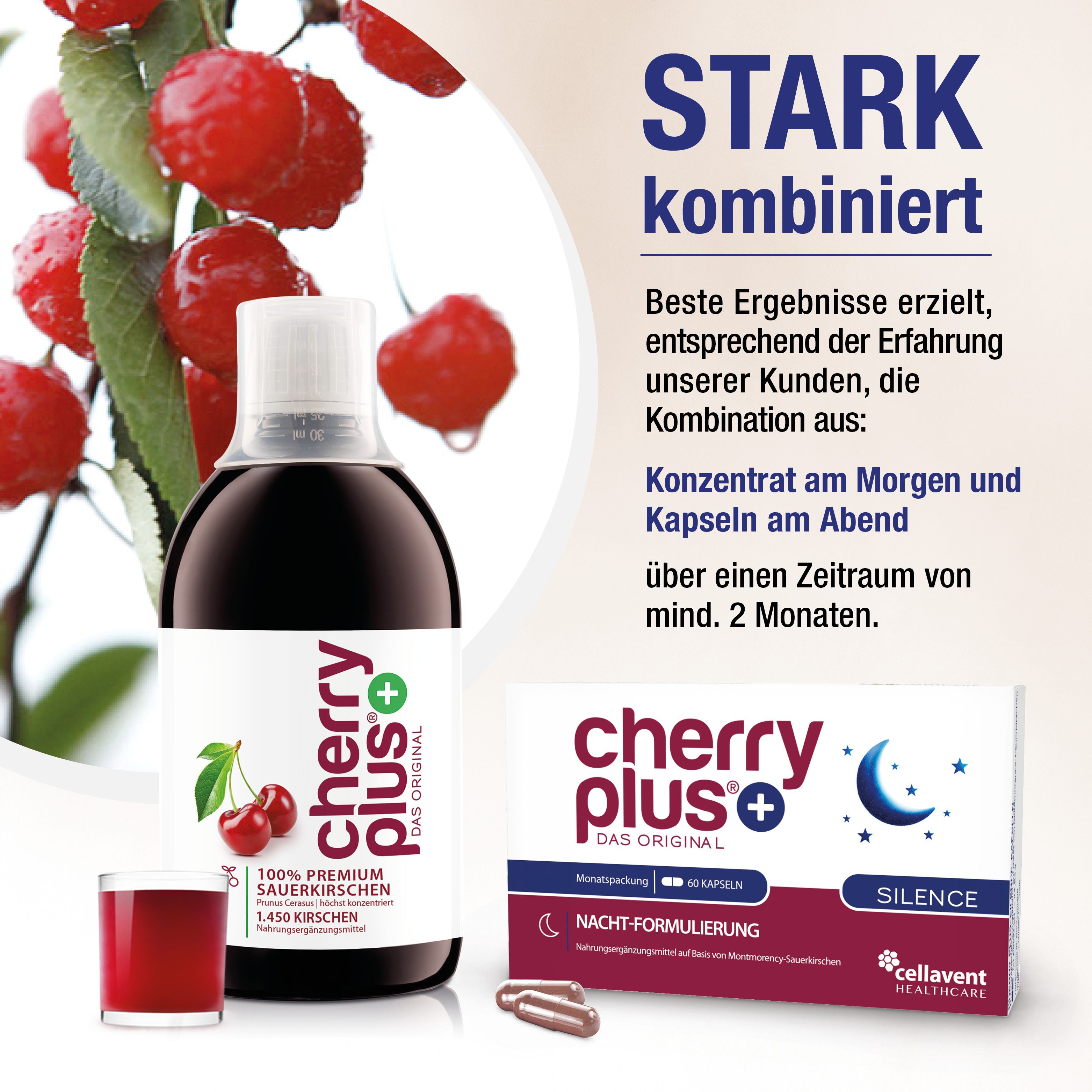 cherry plus®+ Silence Packung und Flasche. Aufdruck: cherry plus®, 100% Premium Sauerkirschen. Glas mit Kirschsaft. Kapseln.
