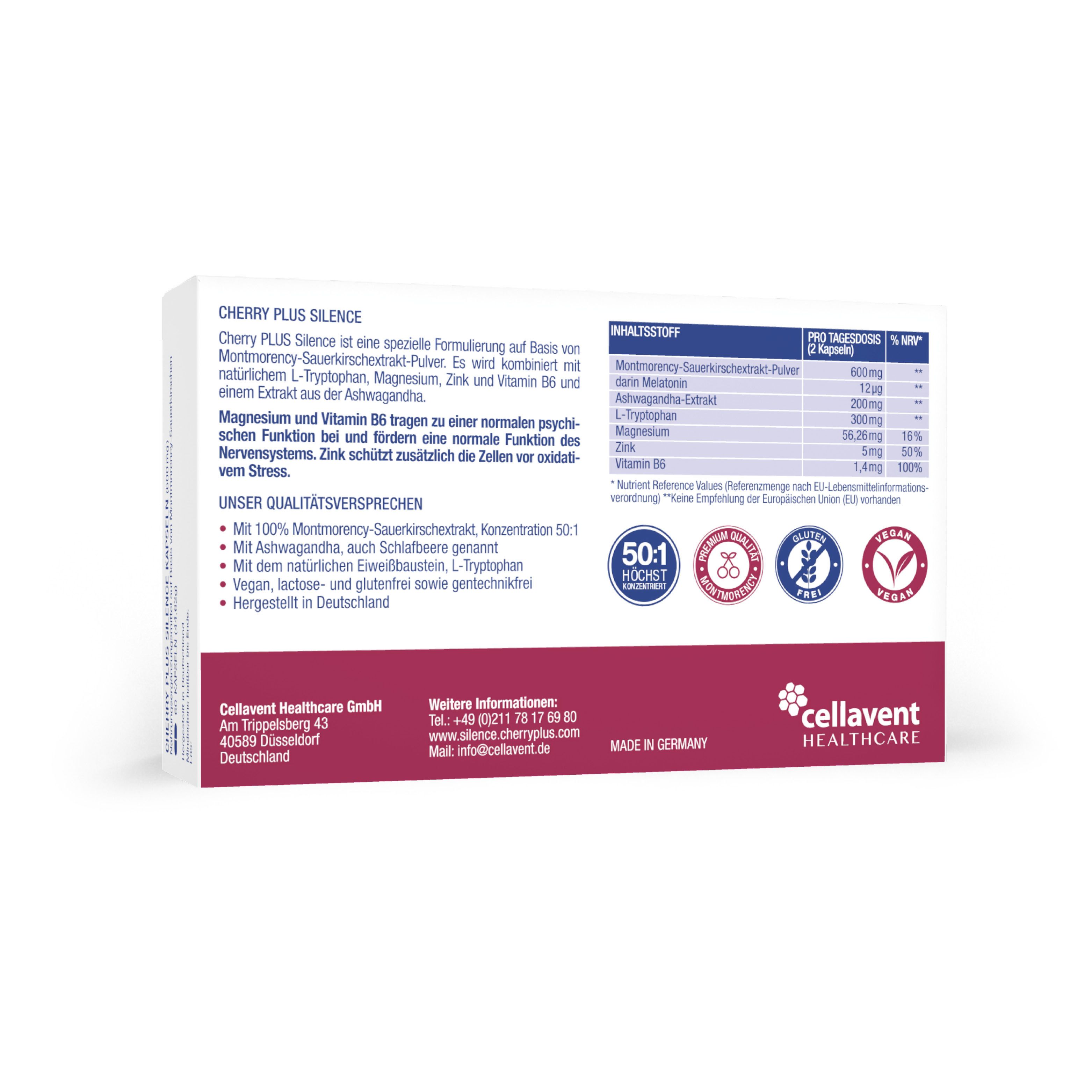 Rückseite der cherry plus®+ Silence Packung. Inhaltsstoffe, Nährwertangaben. Siegel: 50:1, Montmorency, Vegan. Herstelleradresse.