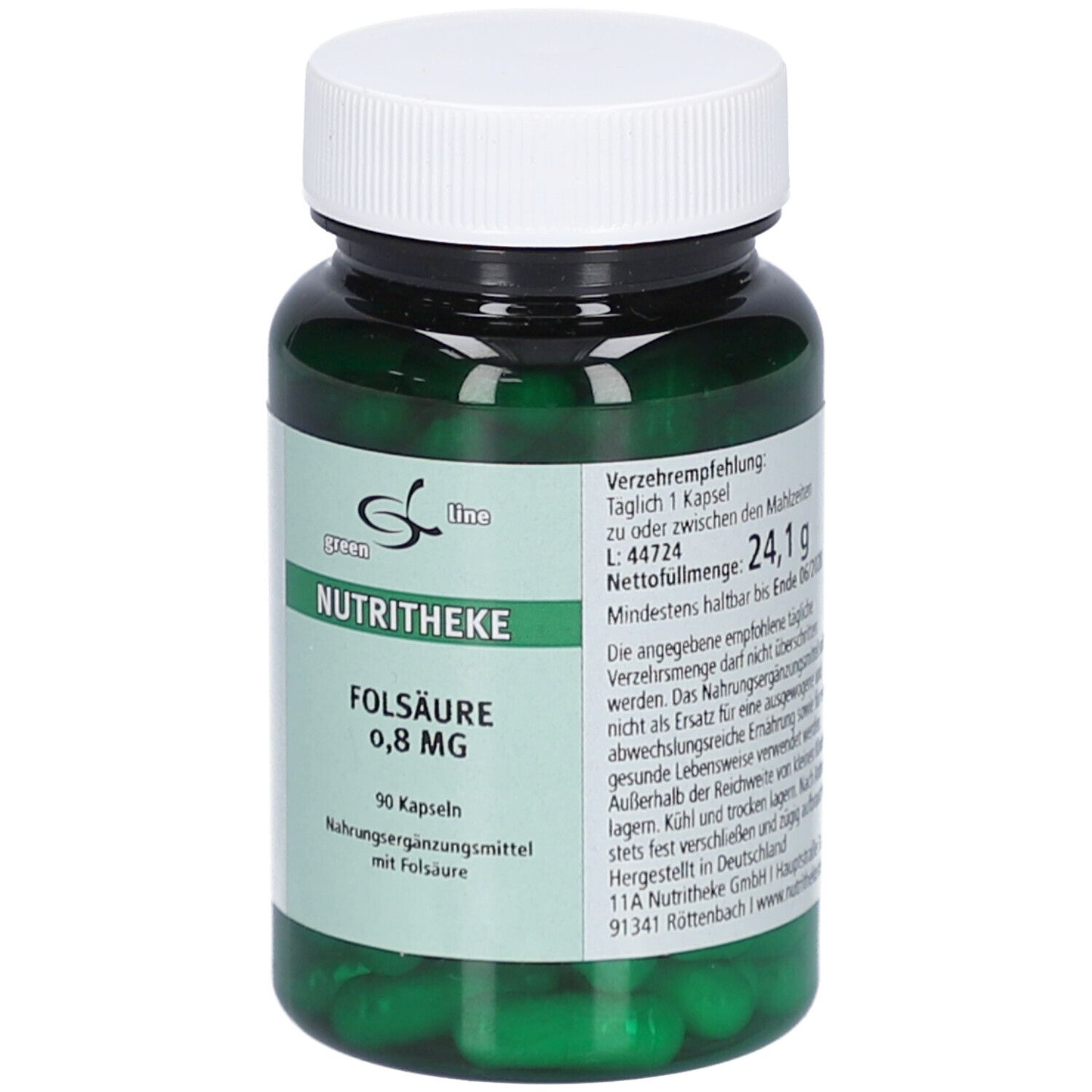 Grüne Kapseln in einer grünen Plastikflasche mit weißem Deckel. Aufschrift: Green Line, Nutritheke, Folsäure 0,8 mg, 90 Kapseln.