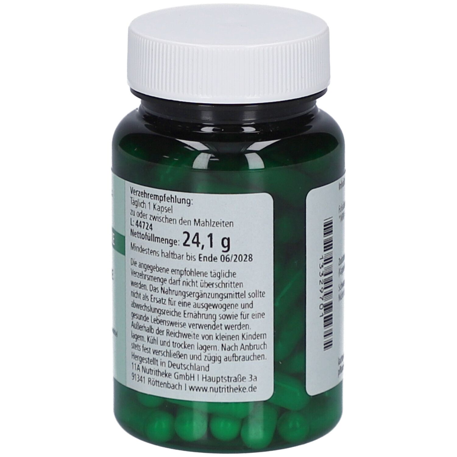 Rückseite einer grünen Plastikflasche mit weißen Aufschriften. Enthält Informationen zur Dosierung und Haltbarkeit.