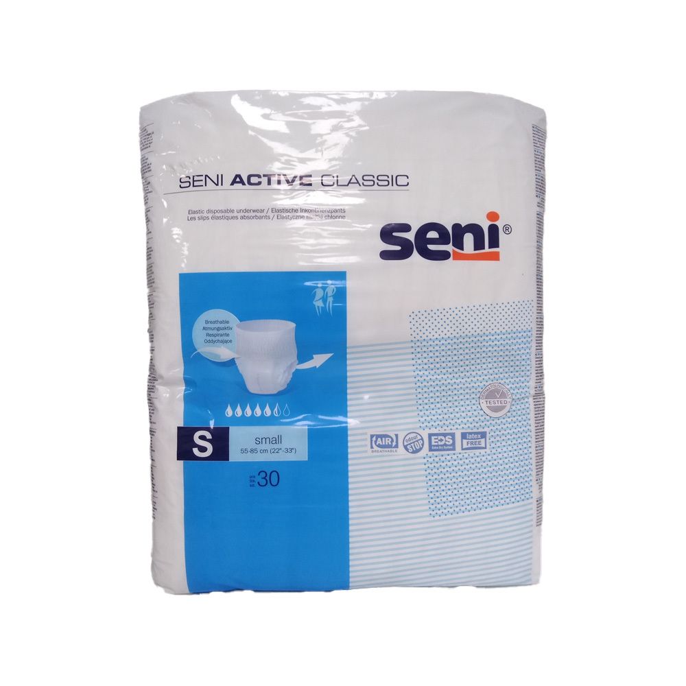 Verpackung mit Seni Active Classic Inkontinenzpants. Größe S, 30 Stück. Blaue und weiße Verpackung mit Produktabbildung und Zertifizierungen.