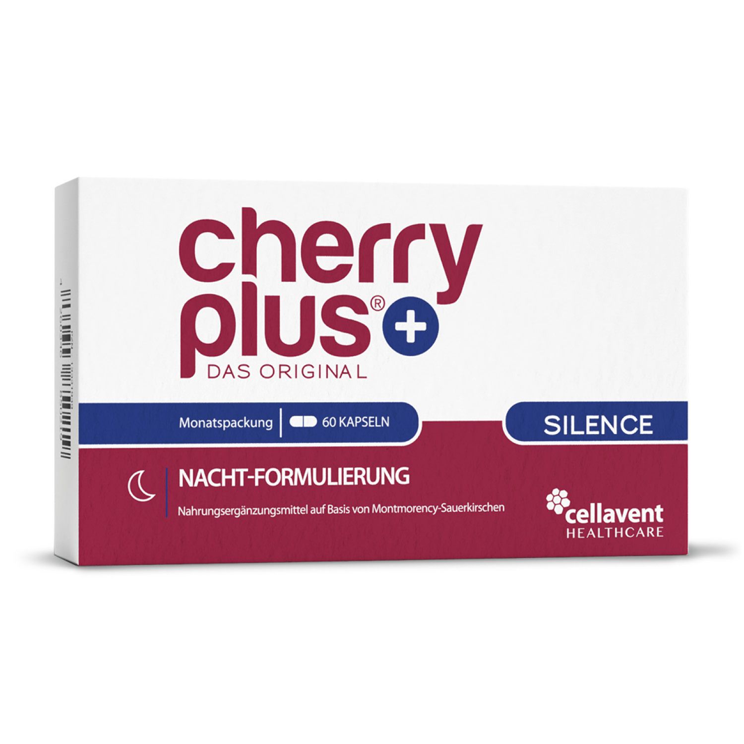 Weiße Schachtel mit "cherry plus®+ Das Original Silence"-Logo. Enthält 60 Kapseln. Nacht-Formulierung. cellavent HEALTHCARE.