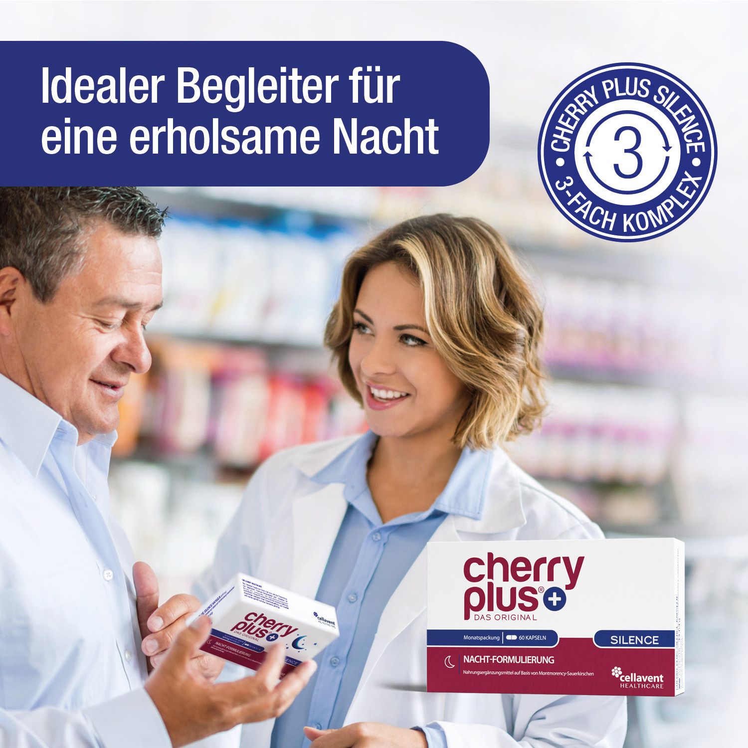 Mann und Frau betrachten "cherry plus®+ Das Original Silence"-Schachtel. Logo und Produktname sichtbar. Apotheken-Hintergrund.