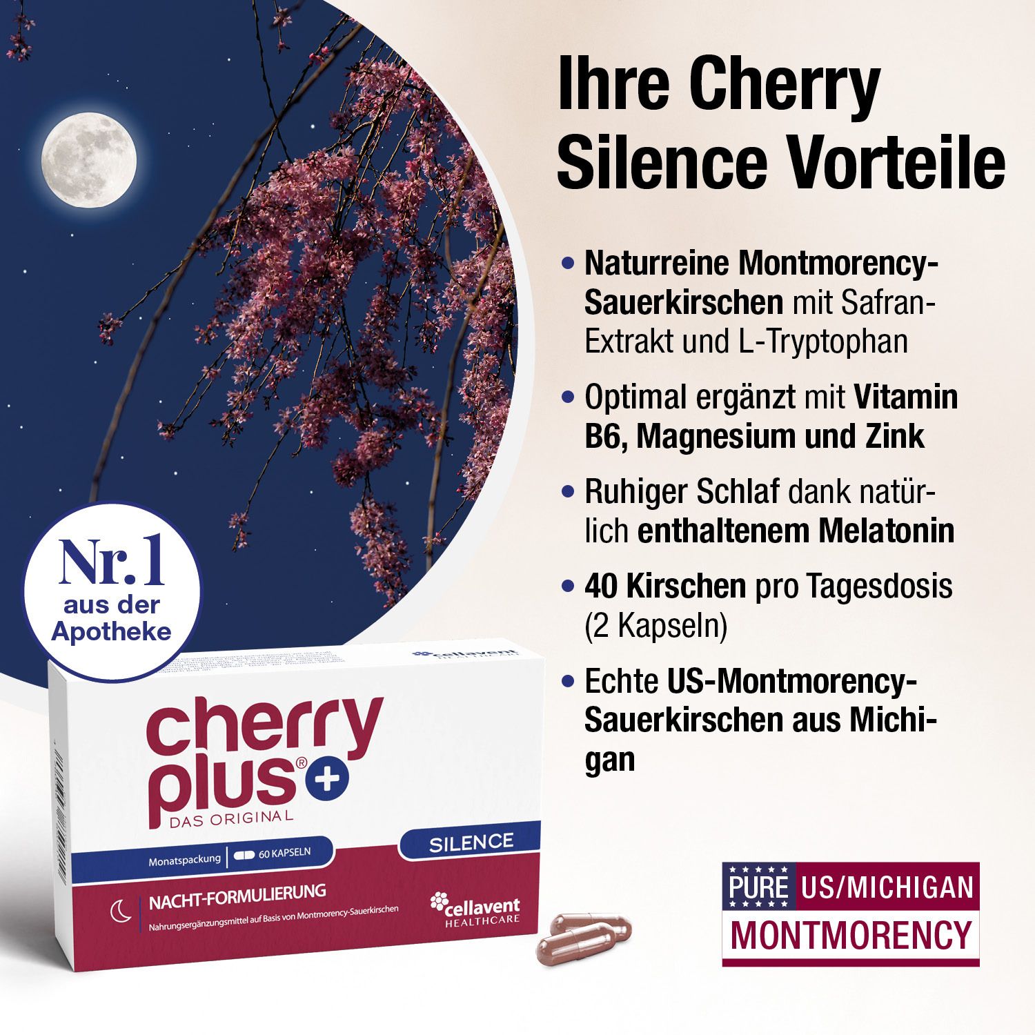 Produktverpackung "cherry plus®+ Das Original Silence". Nacht-Formulierung. Mond und Kirschblüten im Hintergrund. Nr. 1 Apotheke.