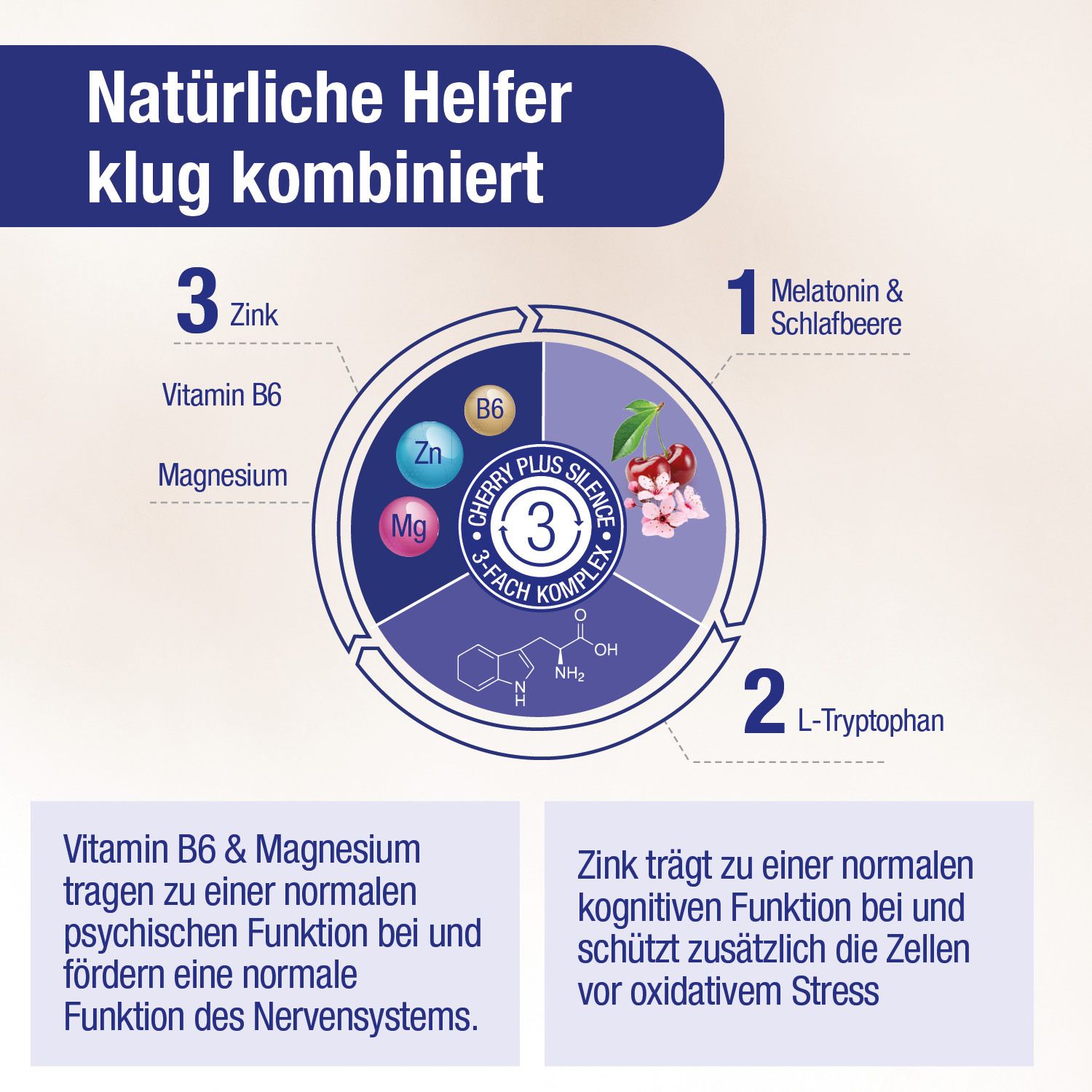 Grafik mit 3-fach Komplex: Zink, Vitamin B6, Magnesium, Melatonin, L-Tryptophan. Informationen zu Inhaltsstoffen.