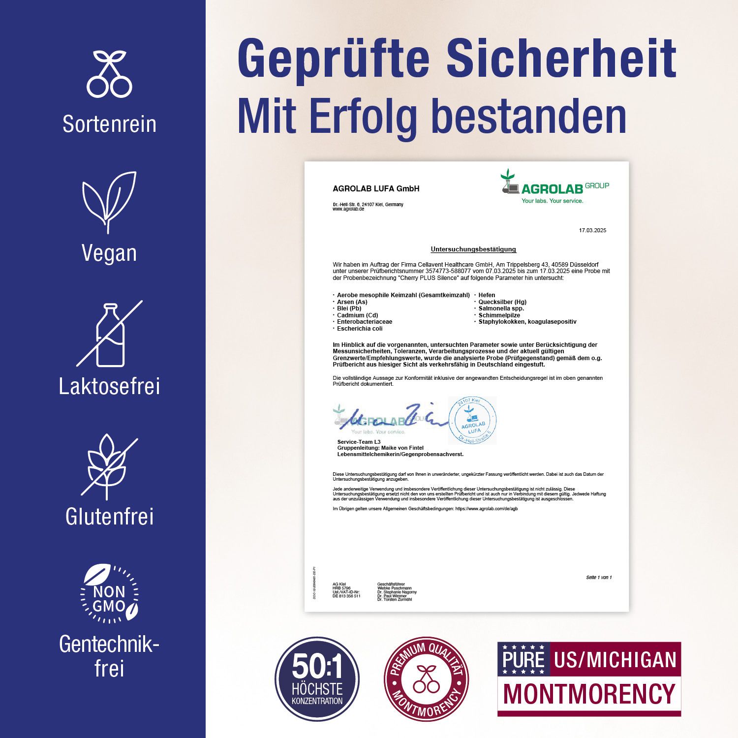Zertifizierungen: Vegan, laktosefrei, glutenfrei, non-GMO. Qualitätssiegel: 50:1 Konzentriert, Pure US/Michigan Montmorency.