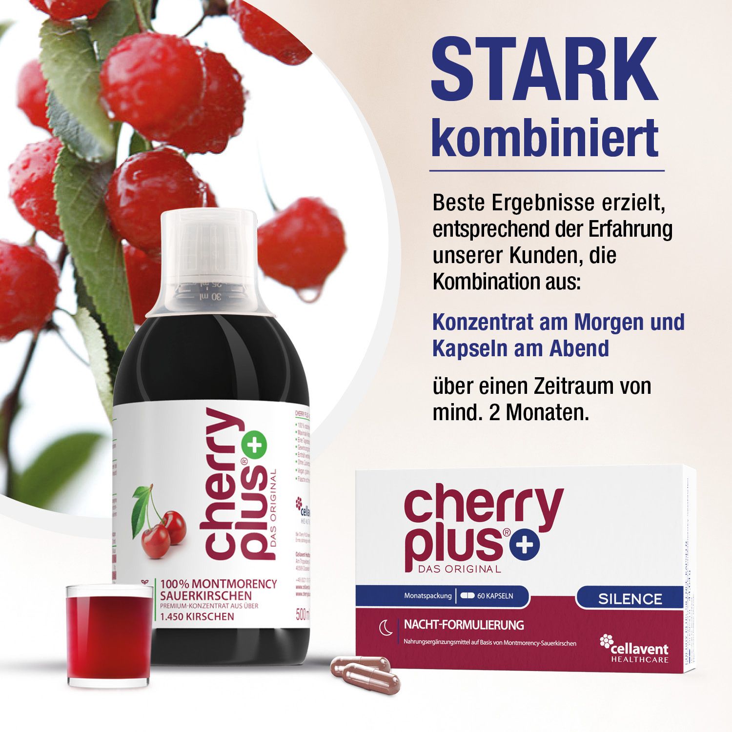 cherry plus®+ Konzentrat und Kapseln. 100% Montmorency-Sauerkirschen. Flasche und Schachtel. Zusätzliche Kapseln.
