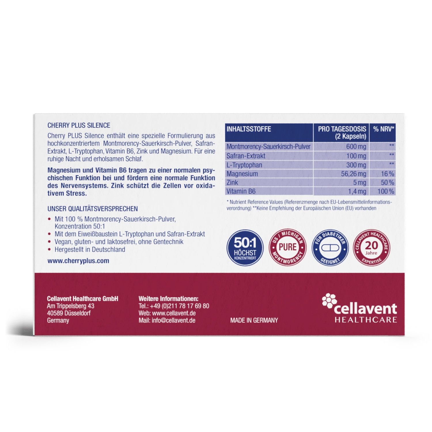 Rückseite der "cherry plus®+ Silence"-Schachtel. Inhaltsstoffe, Dosierung, Nährwertangaben. cellavent HEALTHCARE.