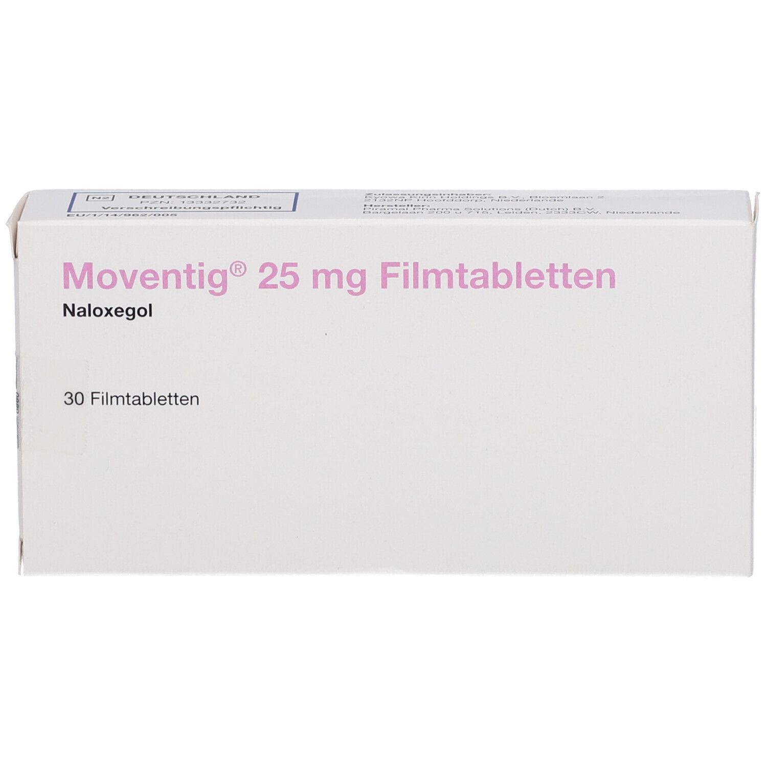 Schachtel Moventig 25 mg Filmtabletten, 30 Filmtabletten. Naloxegol. Weiße Schachtel.