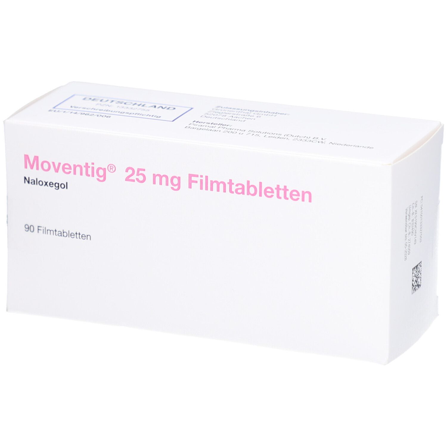 Weiße Schachtel mit rosa Schrift. Aufschrift: MOVENTIG 25 mg Filmtabletten, 90 Filmtabletten. Naloxegol.