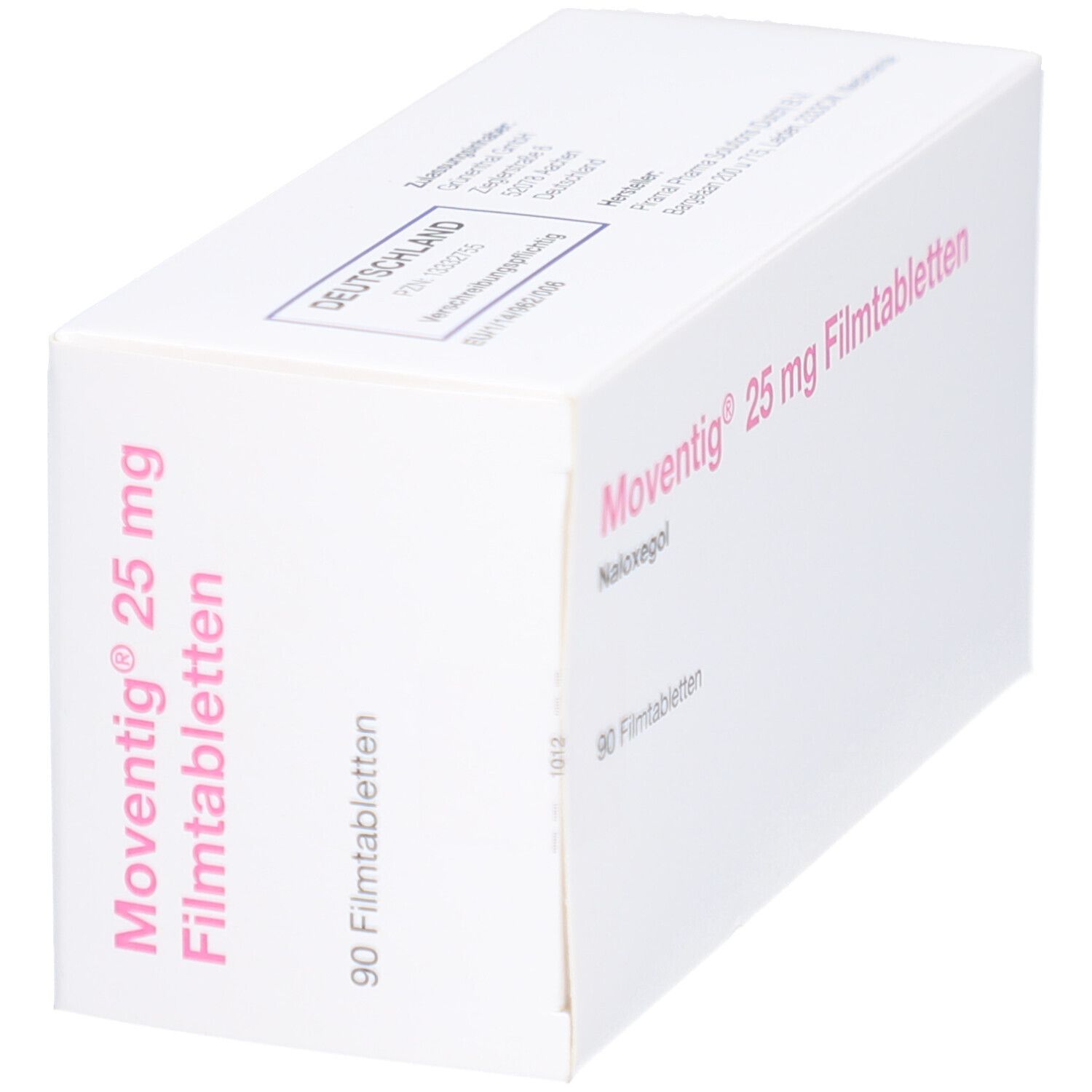 Weiße Schachtel mit rosa Schrift. Aufschrift: MOVENTIG 25 mg Filmtabletten, 90 Filmtabletten. Naloxegol. Schachtel schräg.