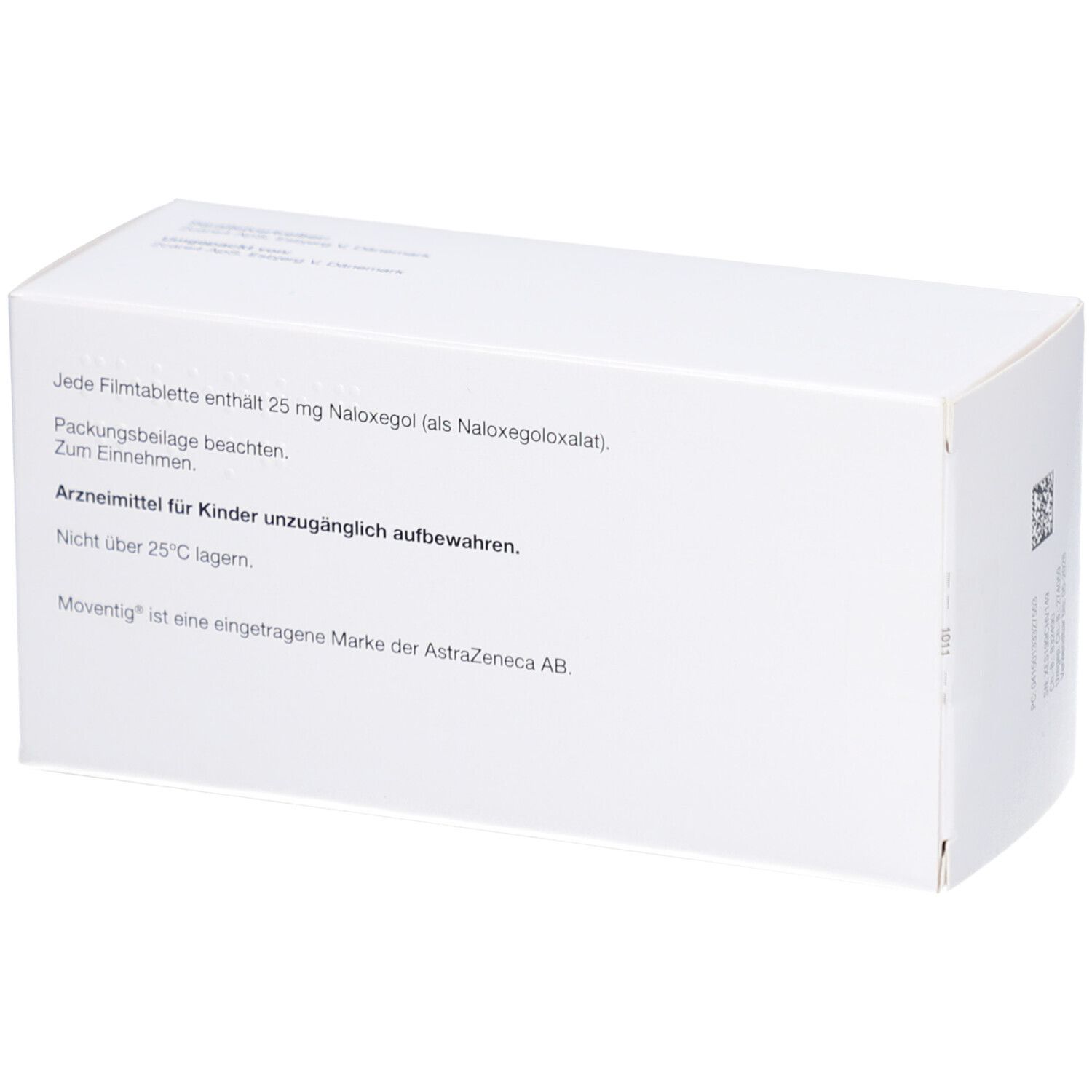 Weiße Schachtel, Rückseite. Text: Enthält 25 mg Naloxegol. Arzneimittel für Kinder unzugänglich aufbewahren. Marke AstraZeneca.