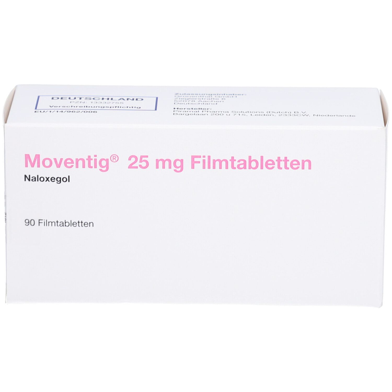 Weiße Schachtel mit rosa Schrift. Aufschrift: MOVENTIG 25 mg Filmtabletten, 90 Filmtabletten. Naloxegol. Draufsicht.