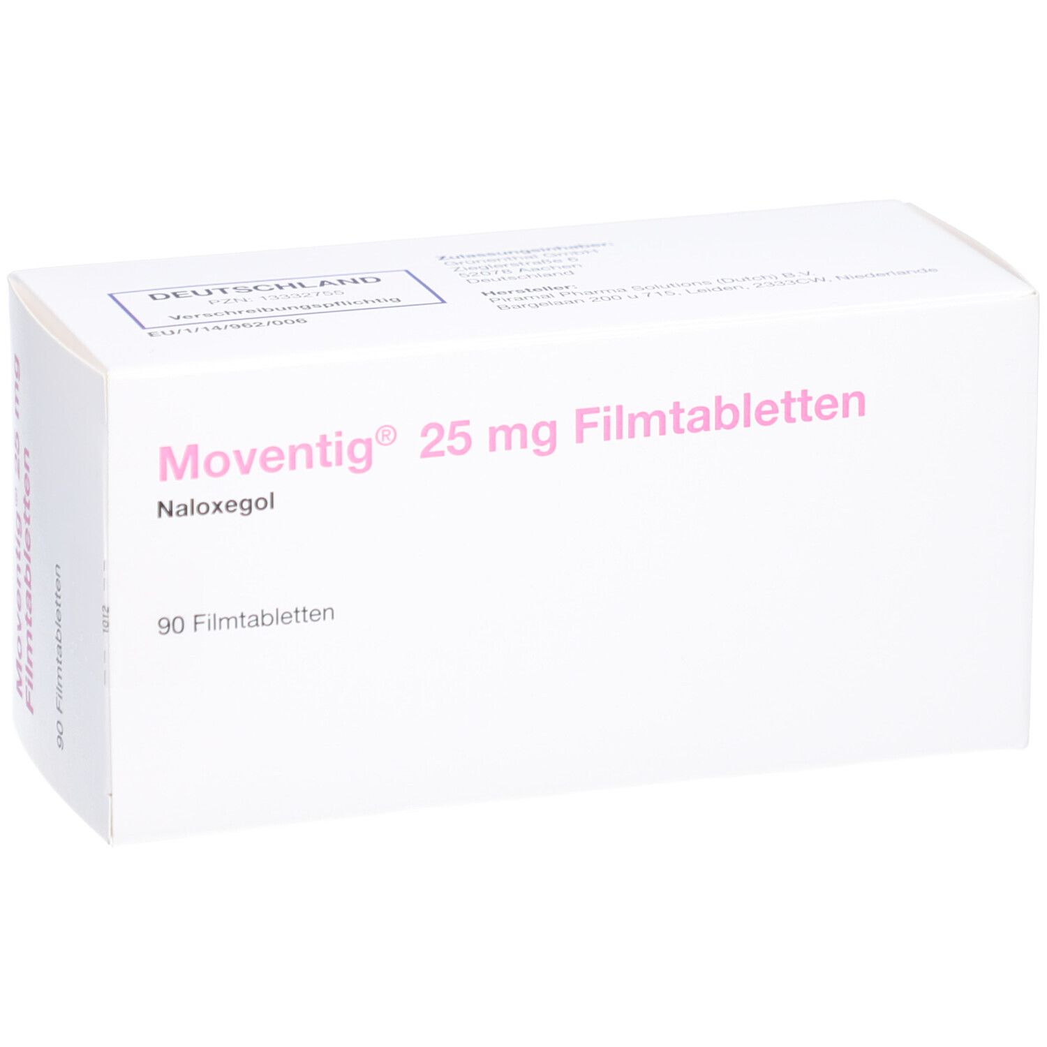 Weiße Schachtel mit rosa Schrift. Aufschrift: MOVENTIG 25 mg Filmtabletten, 90 Filmtabletten. Naloxegol. Schrägansicht.