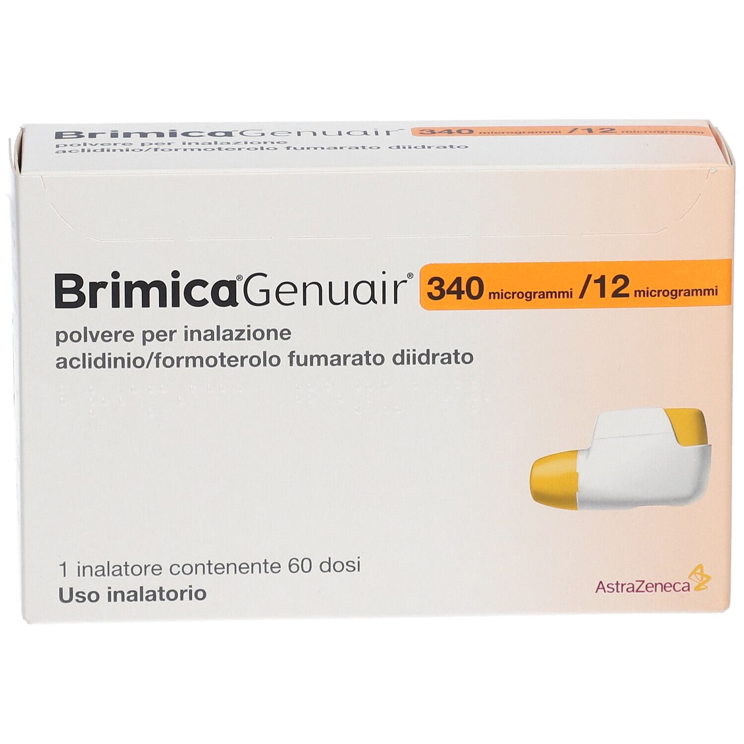 Schachtel Brimica Genuair 340/12 Mikrogramm. Enthält Inhalator. Text: Pulver zur Inhalation, Aclidinium/Formoterol. AstraZeneca Logo.