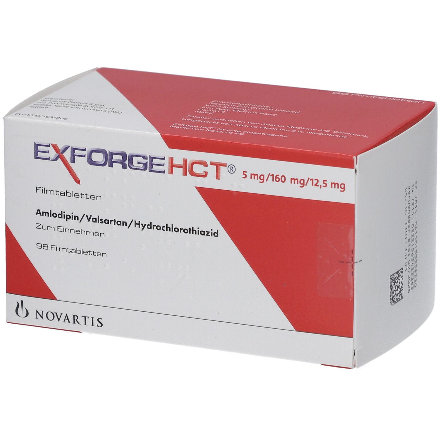 Arzneimittelverpackung mit roter und weißer Farbgebung. Aufschrift: EXFORGE HCT 5 mg/160 mg/12,5 mg. Enthält 98 Filmtabletten.